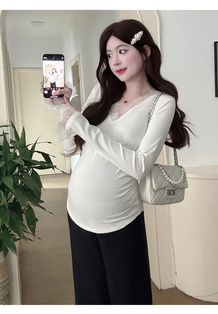실사 재고 있음 임산부 기본 셔츠 가을 인사이드 가져 가라. 패션 슬림해 보이는 몸매 가꾸기 신축성 임산부 V넥 레이스 셔츠 상세 이미지 15