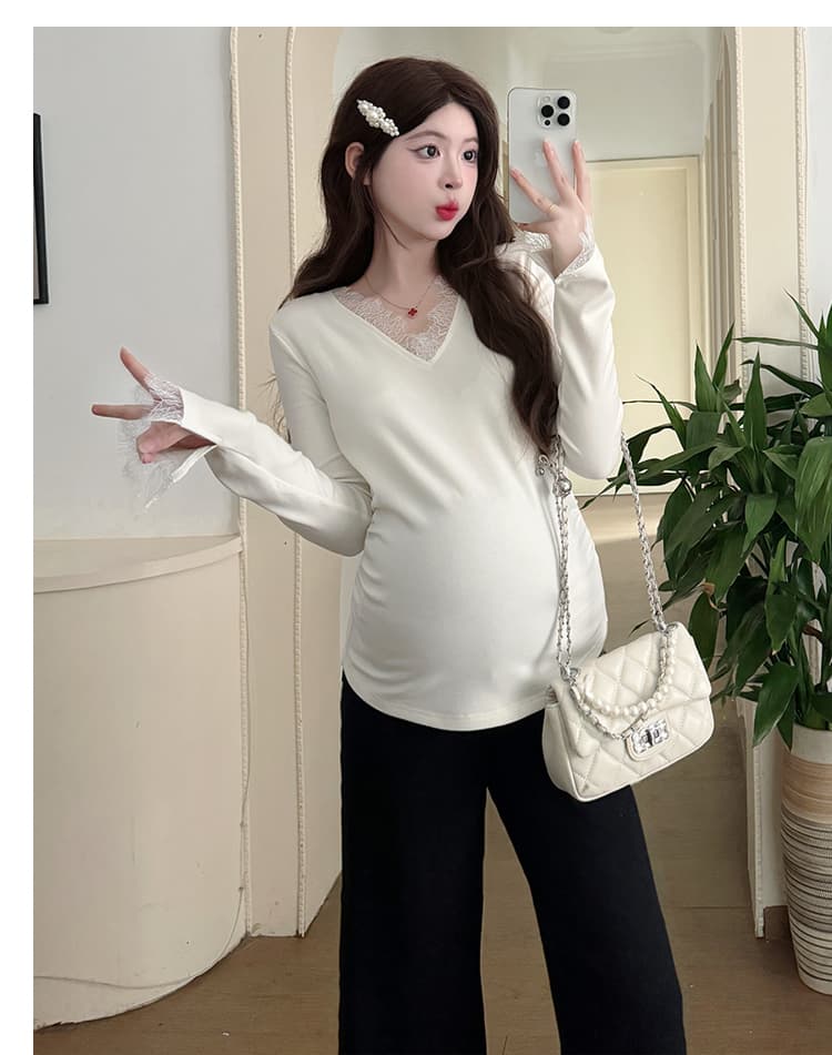 실사 재고 있음 임산부 기본 셔츠 가을 인사이드 가져 가라. 패션 슬림해 보이는 몸매 가꾸기 신축성 임산부 V넥 레이스 셔츠 상세 이미지 19