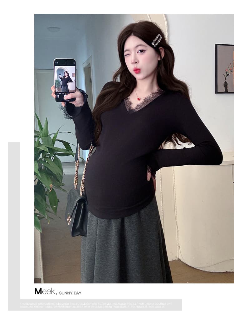 실사 재고 있음 임산부 기본 셔츠 가을 인사이드 가져 가라. 패션 슬림해 보이는 몸매 가꾸기 신축성 임산부 V넥 레이스 셔츠 상세 이미지 23