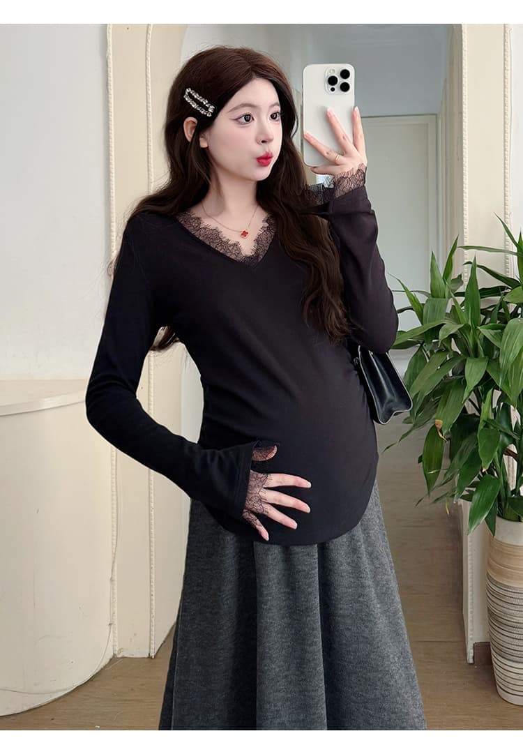 실사 재고 있음 임산부 기본 셔츠 가을 인사이드 가져 가라. 패션 슬림해 보이는 몸매 가꾸기 신축성 임산부 V넥 레이스 셔츠 상세 이미지 24