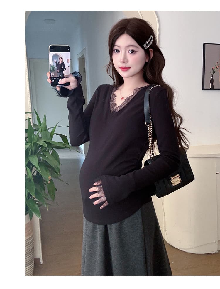 실사 재고 있음 임산부 기본 셔츠 가을 인사이드 가져 가라. 패션 슬림해 보이는 몸매 가꾸기 신축성 임산부 V넥 레이스 셔츠 상세 이미지 27