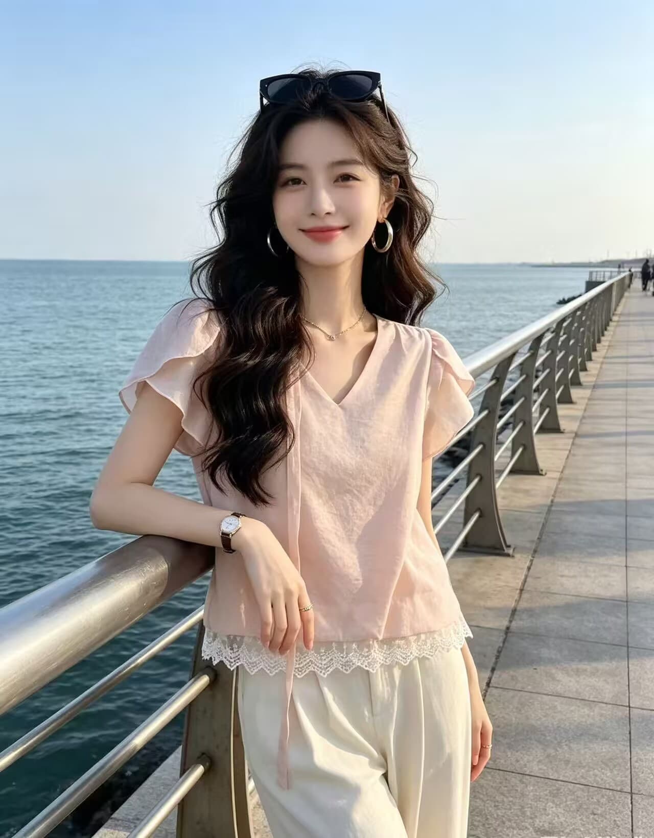 달콤함 레이스 조각 꽃밭 작은 셔츠 여름 새로운 패션 다용도 리본 반팔 맨위 이미지 2