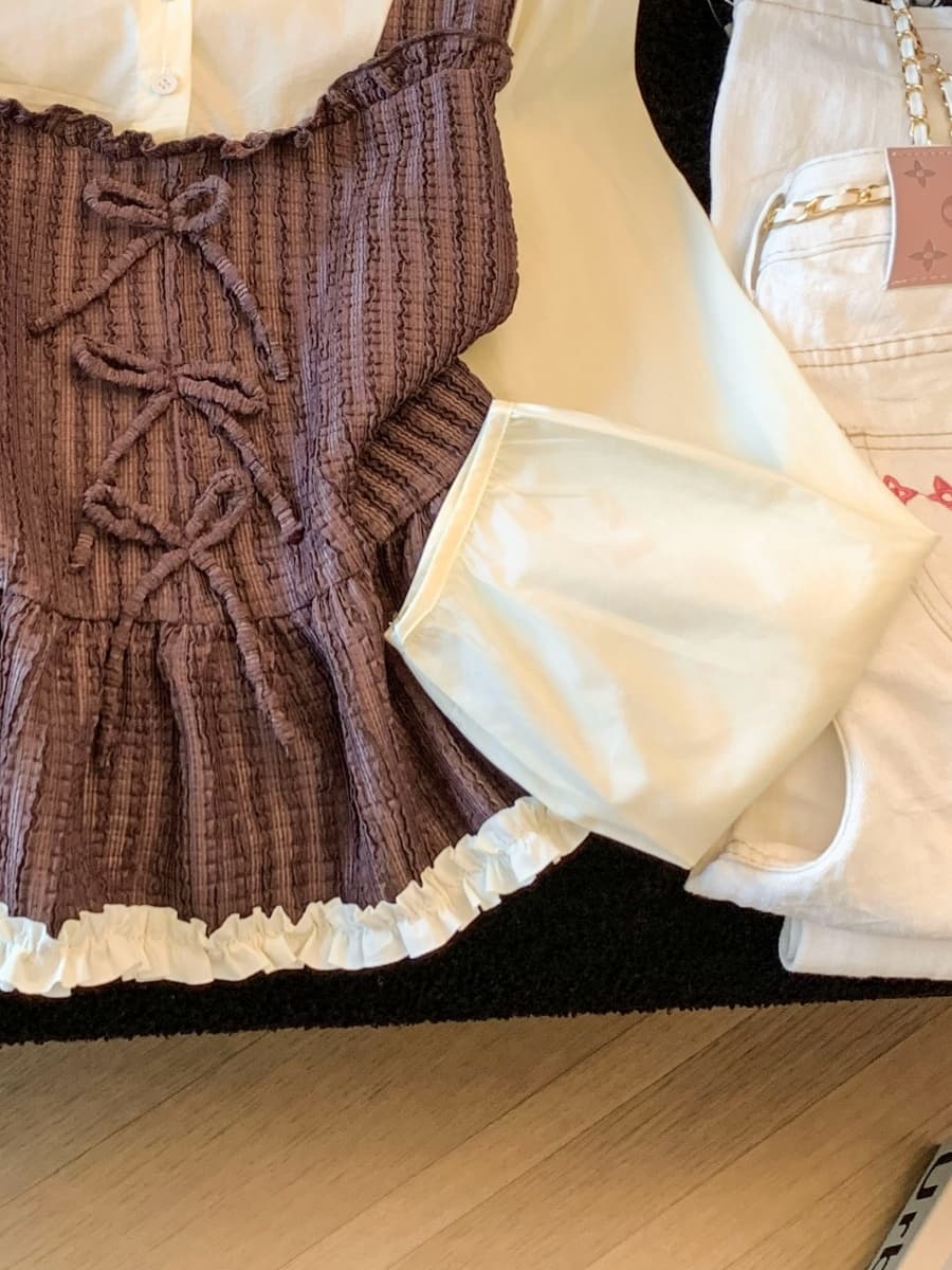 디자인 센스 한국 스타일 패션 품격 다용도 라운드 넥 긴팔 여성 가을 패치워크 색상 조끼 나비 매듭 맨위 상세 이미지 8