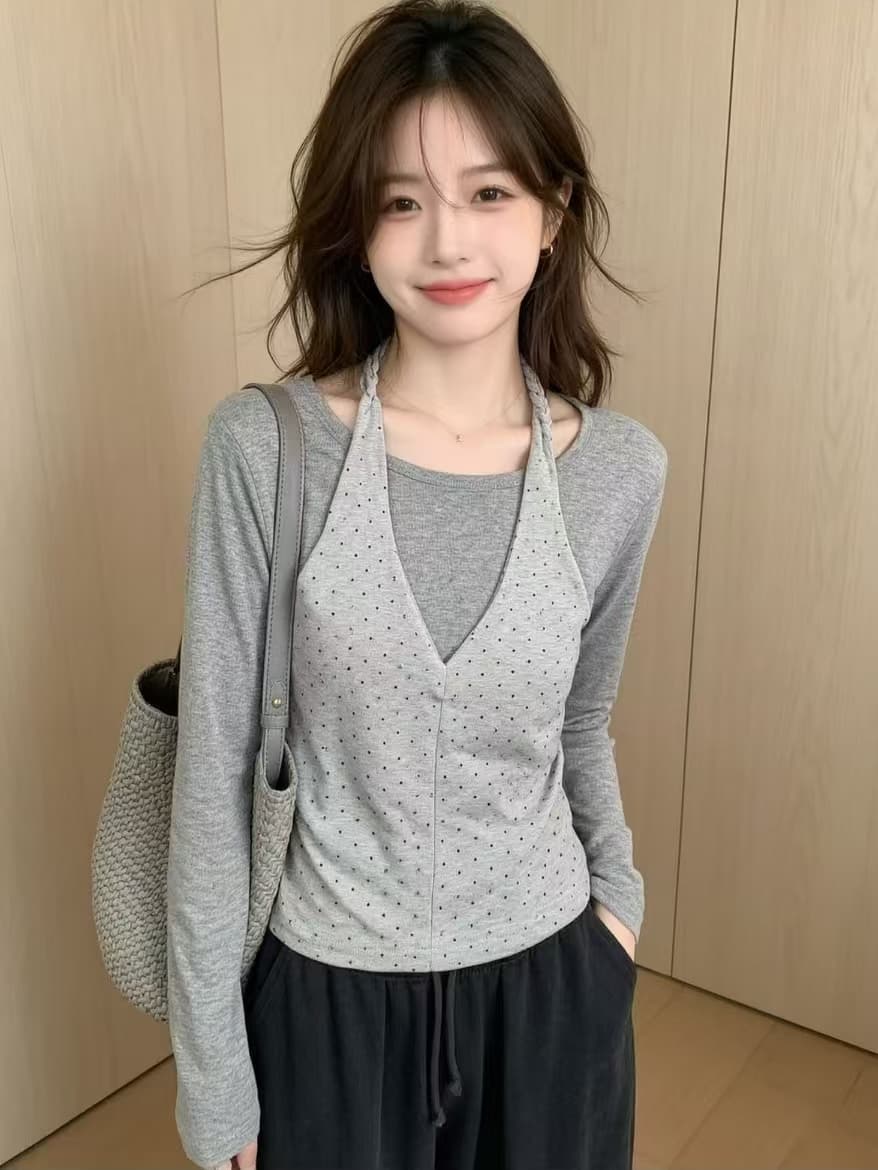 도트 무늬 행침 목 긴팔 티셔츠 가을 새로운 디자인 센스 고유 한 Chic 페이크 레이어드 맨위 이미지 3