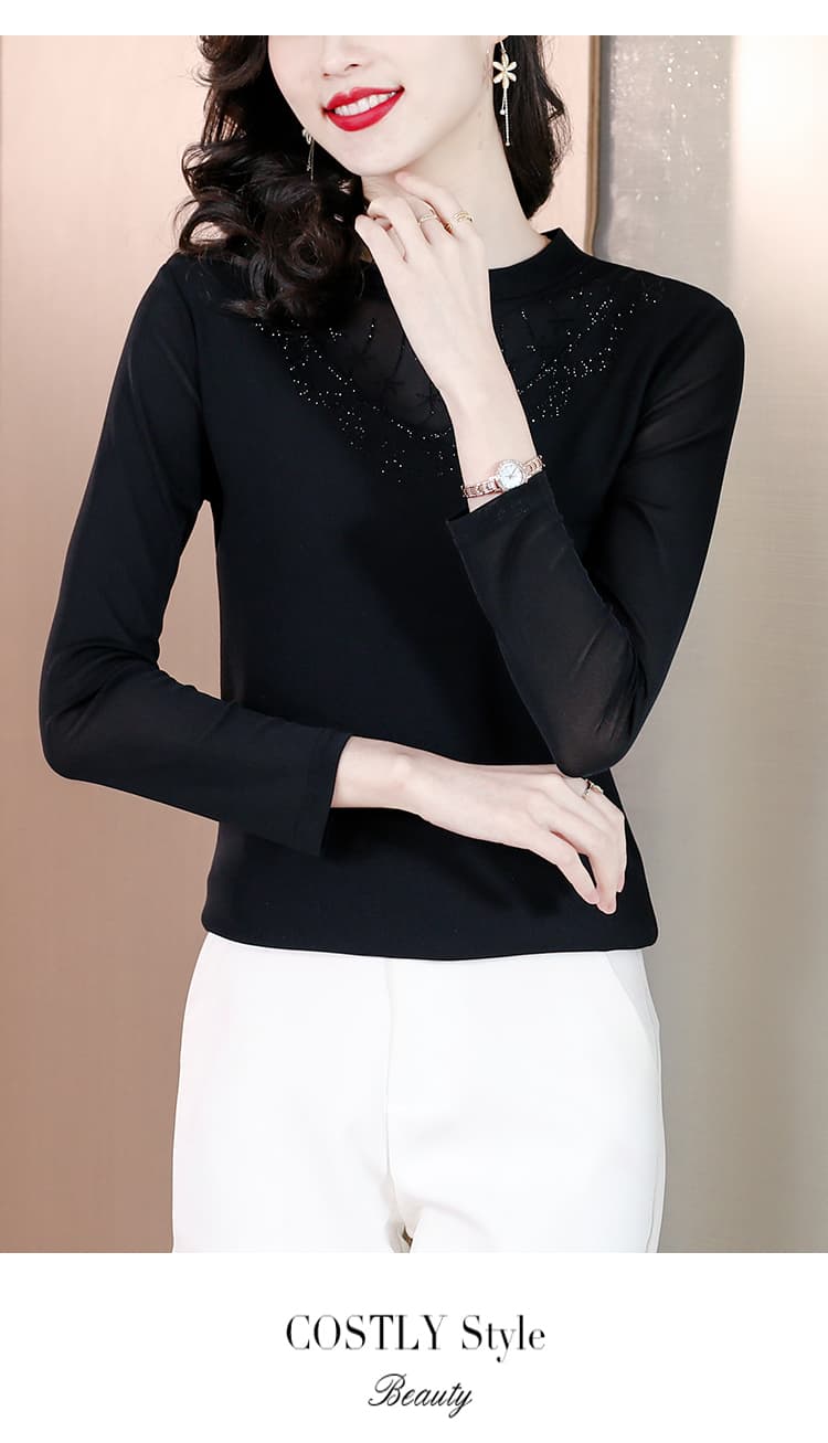 2026 년 봄 새로운 새싹 와이어 메쉬 모래 패치워크 핫픽스 미니멀리즘 다용도 일반 라운드 넥 풀오버 기본 셔츠 상세 이미지 9