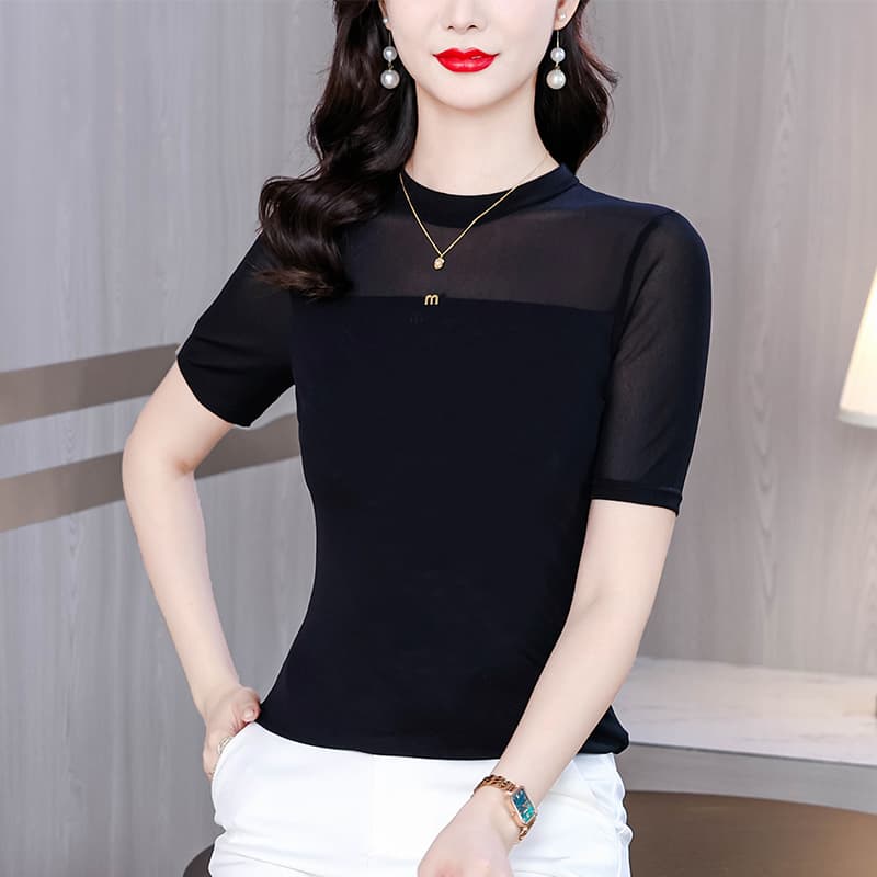 2026 여름 새로운 라운드 넥 레이스 이중층 망사 인사이드 가져 가라. 외국 가스 몸매 가꾸기 기본 셔츠 여성 이미지 2