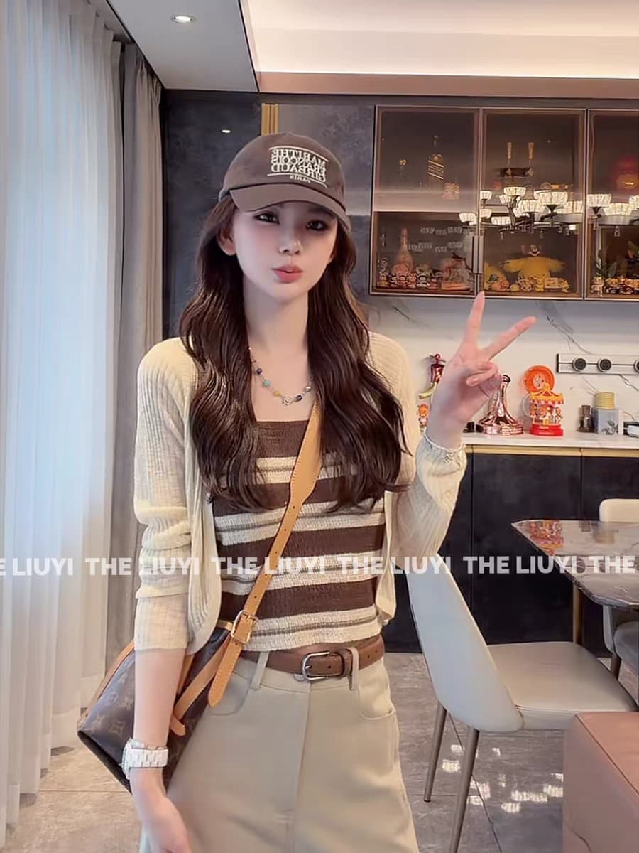liuyi 주황색 소다 여름 차가운 센스 대나무 마디 얼음 실크 슬립 오픈 가디건 투피스 세트 64223 이미지 2