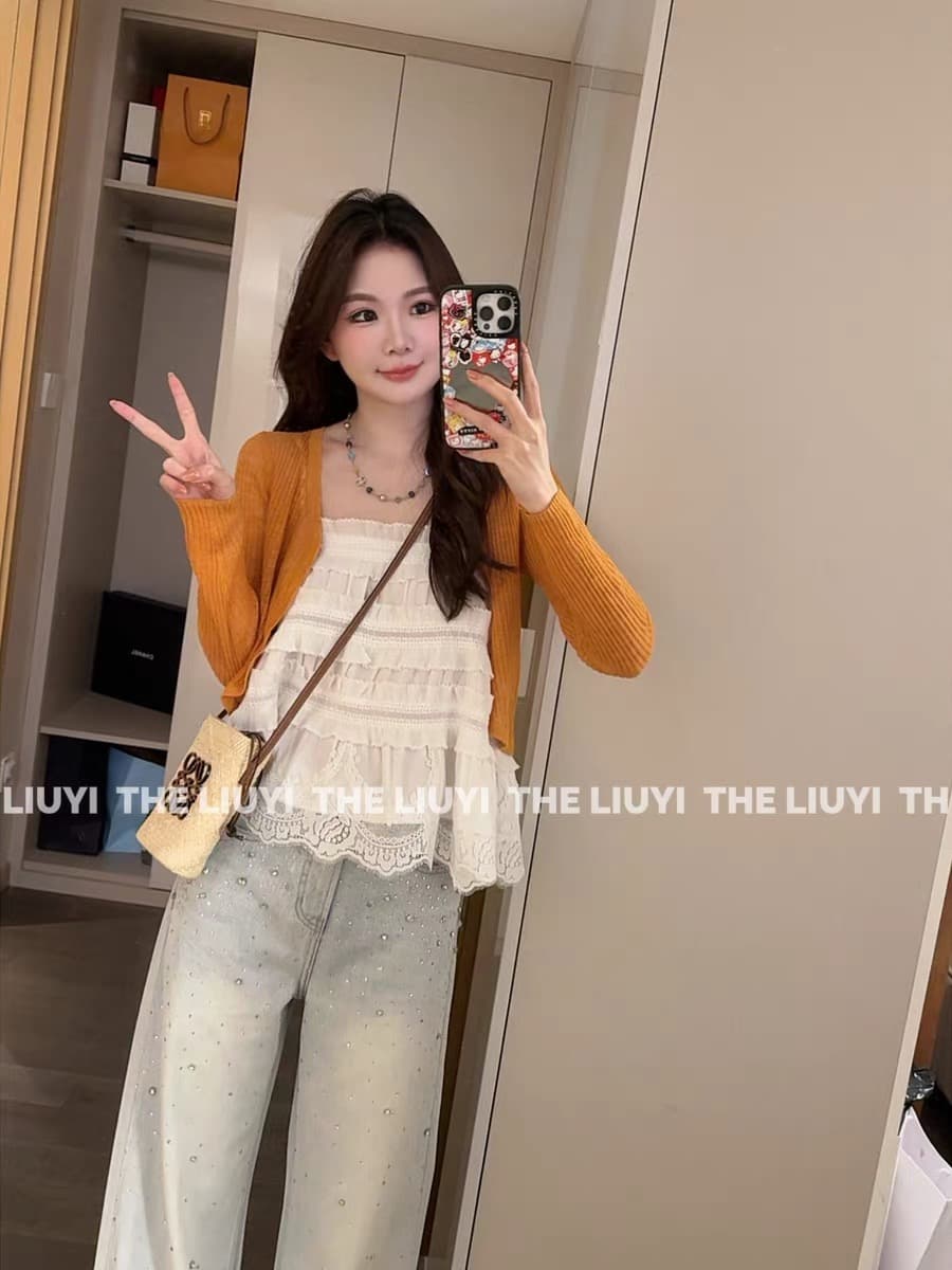 liuyi 주황색 소다 여름 차가운 센스 대나무 마디 얼음 실크 슬립 오픈 가디건 투피스 세트 64223 상세 이미지 3