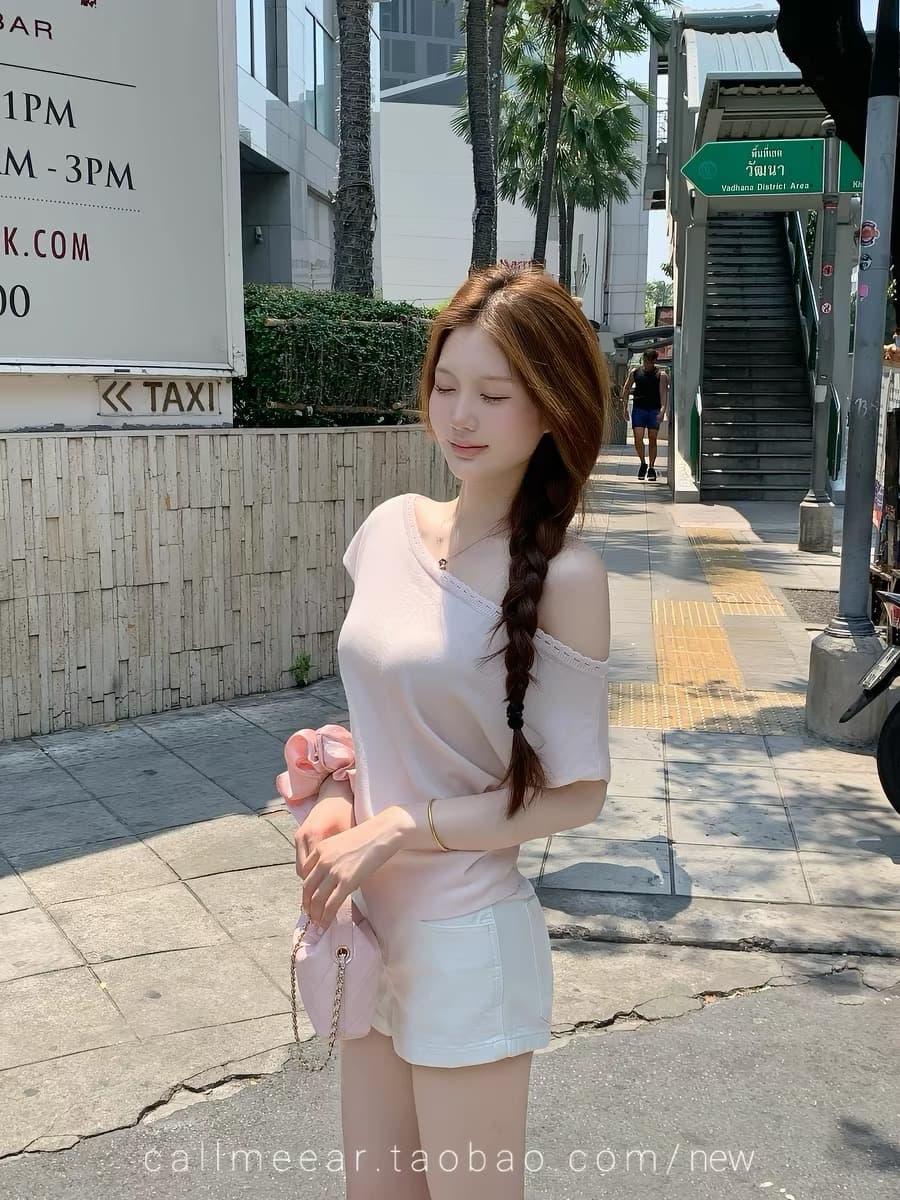callmeear 작은 섬 Breeze 라이 경기 서울 주간 실크 비스듬한 어깨 레이스 티셔츠 여성 슬림해 보이는 핫걸 맨위 상세 이미지 5