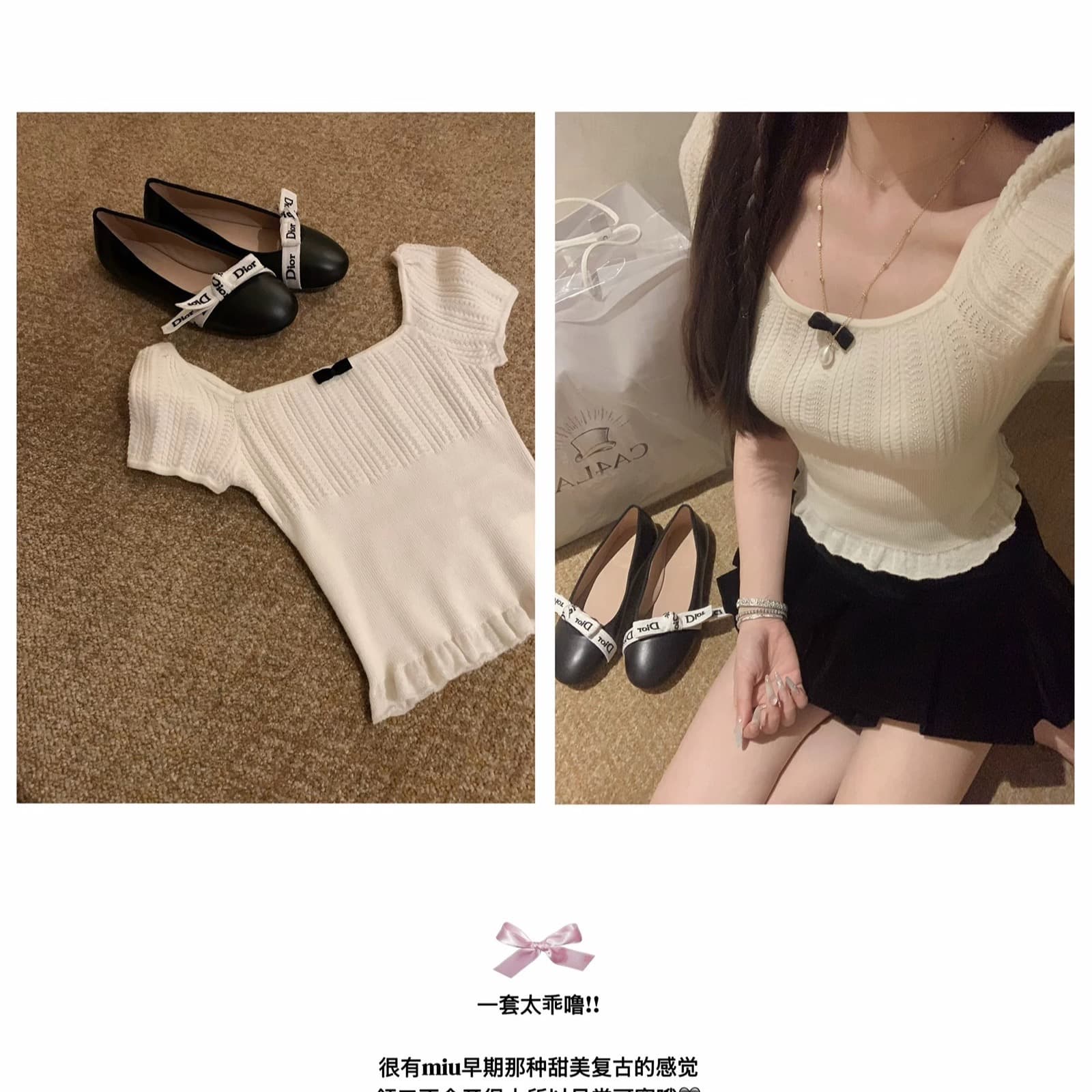 trois couleurs 여름 하우스 개체 중년 miu 시리즈 전체 양모 얇고 가벼운 섬세한 니트 반팔 상세 이미지 3