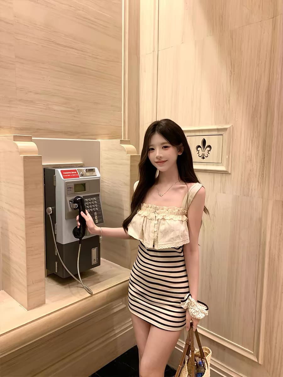 고대 조기 소녀 마음 부드러운 자매 바람 분위기 센스 스트라이프 페이크 레이어드 한 부서 드레스 shebyshj 베트남 상세 이미지 1