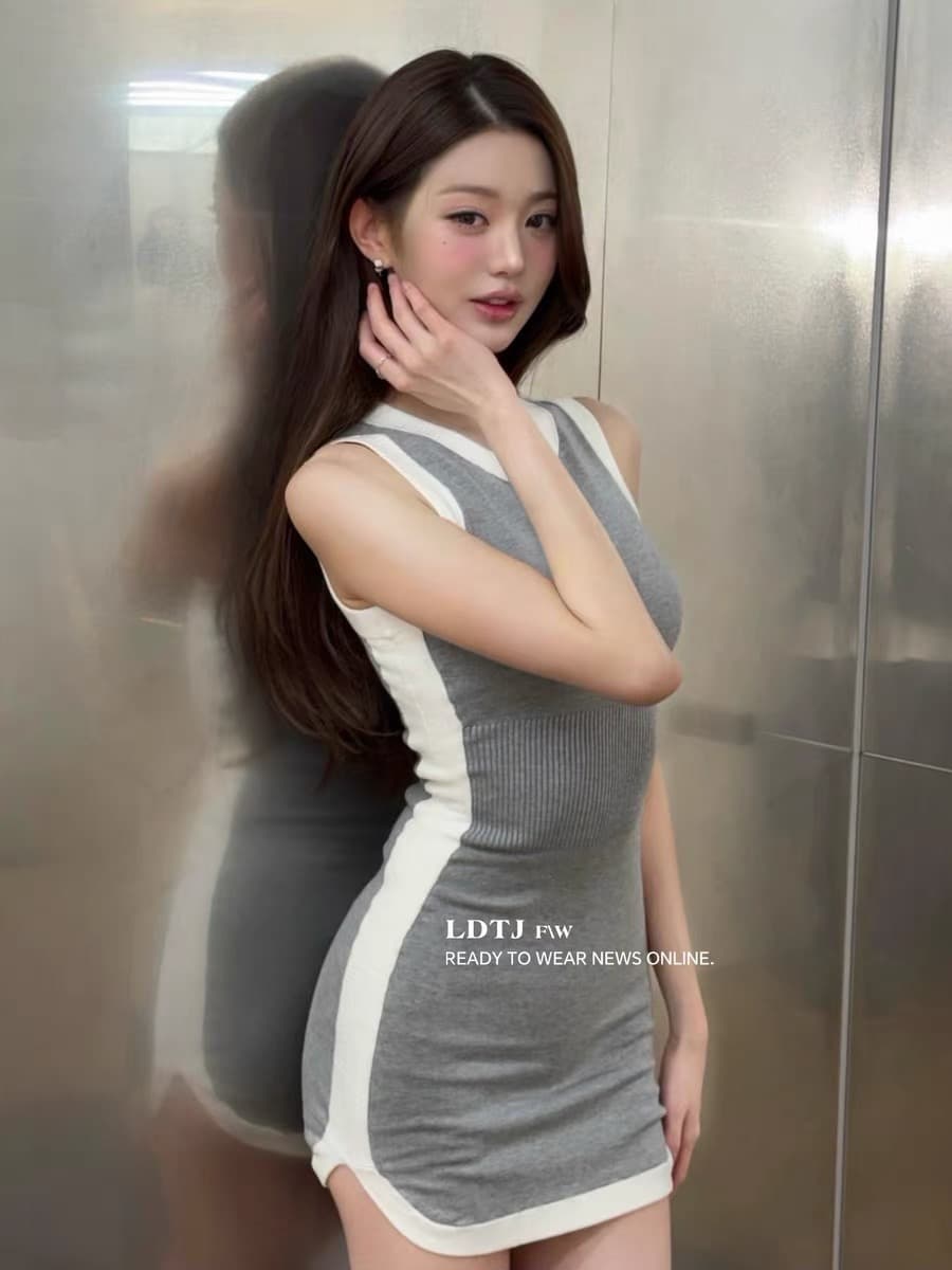 ldtj 높음 세트 산소 소녀 장 원 영어 같은 단락 빛 요리 한 바람 패치워크 색상 라운드 넥 조끼 허리 수축 타이트 스커트 드레스 상세 이미지 3
