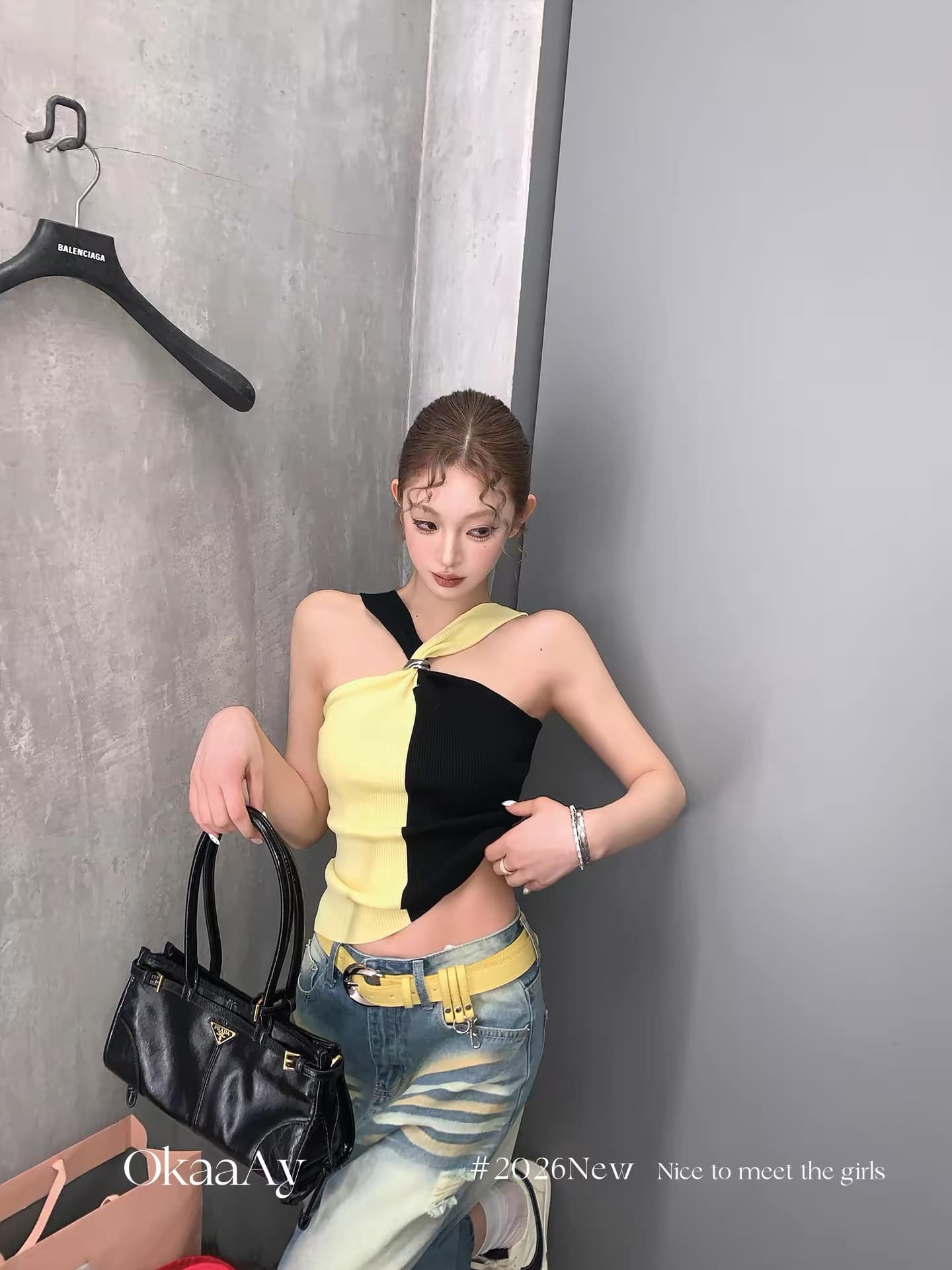 iam han 바 남자 그리드 가볍게 하다 럭셔리 금속 버클 패치워크 색상 행침 목 맨위 여성 여름 섹시함 캐미솔 이미지 2