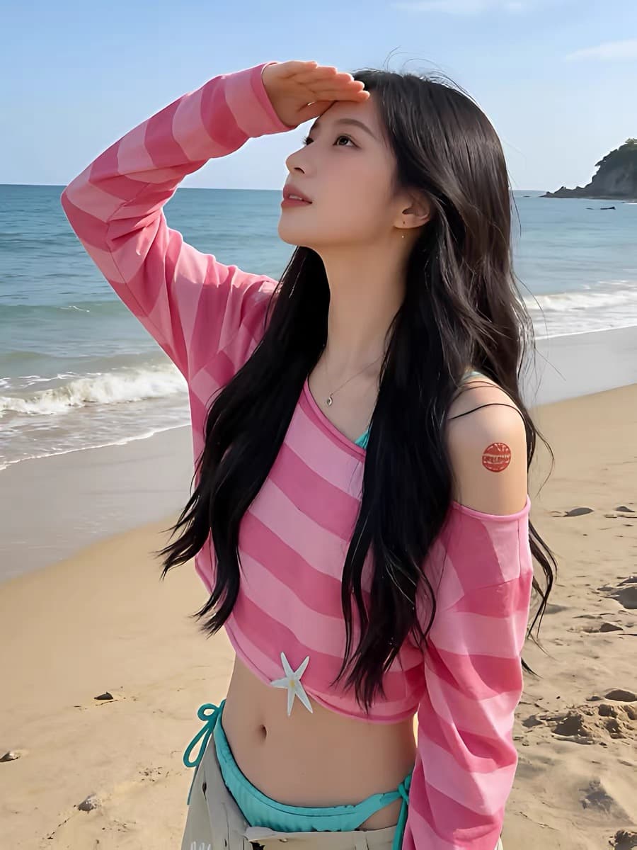 한 부서 달콤한 스타일 캐주얼 스트라이프 오프숄더 맨위 여성 2026 여름 새로운 루즈핏 얇은 스타일 긴팔 핫걸 쇼트 스타일