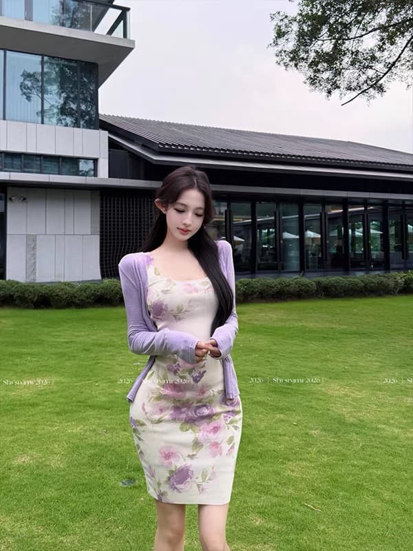 jingli 프랑스식 아름다운 프린트 슬립 드레스 여름 휴가 바람 허리 수축 타이트 스커트 미니 스커트 여성 타이 클립 이미지 2
