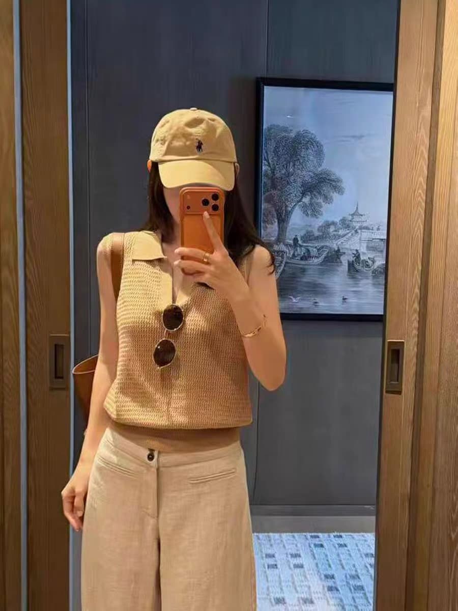 프랑스식 레트로 POLO 칼라 홀로우 아웃 얼음 실크 니트 조끼 여성 여름 얇고 가벼운 통기성 슬림해 보이는 다용도 민소매 맨위 이미지 3