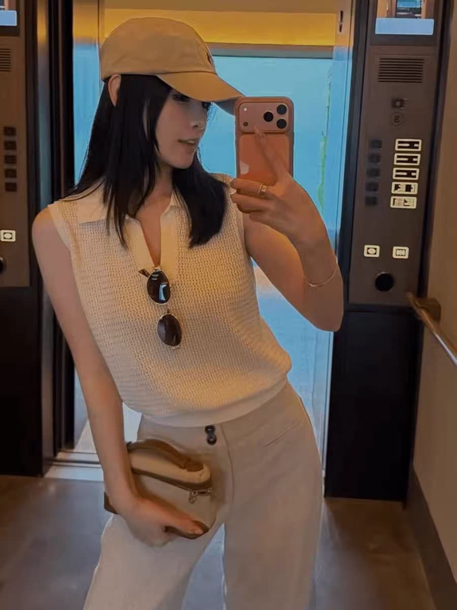 프랑스식 레트로 POLO 칼라 홀로우 아웃 얼음 실크 니트 조끼 여성 여름 얇고 가벼운 통기성 슬림해 보이는 다용도 민소매 맨위 상세 이미지 1