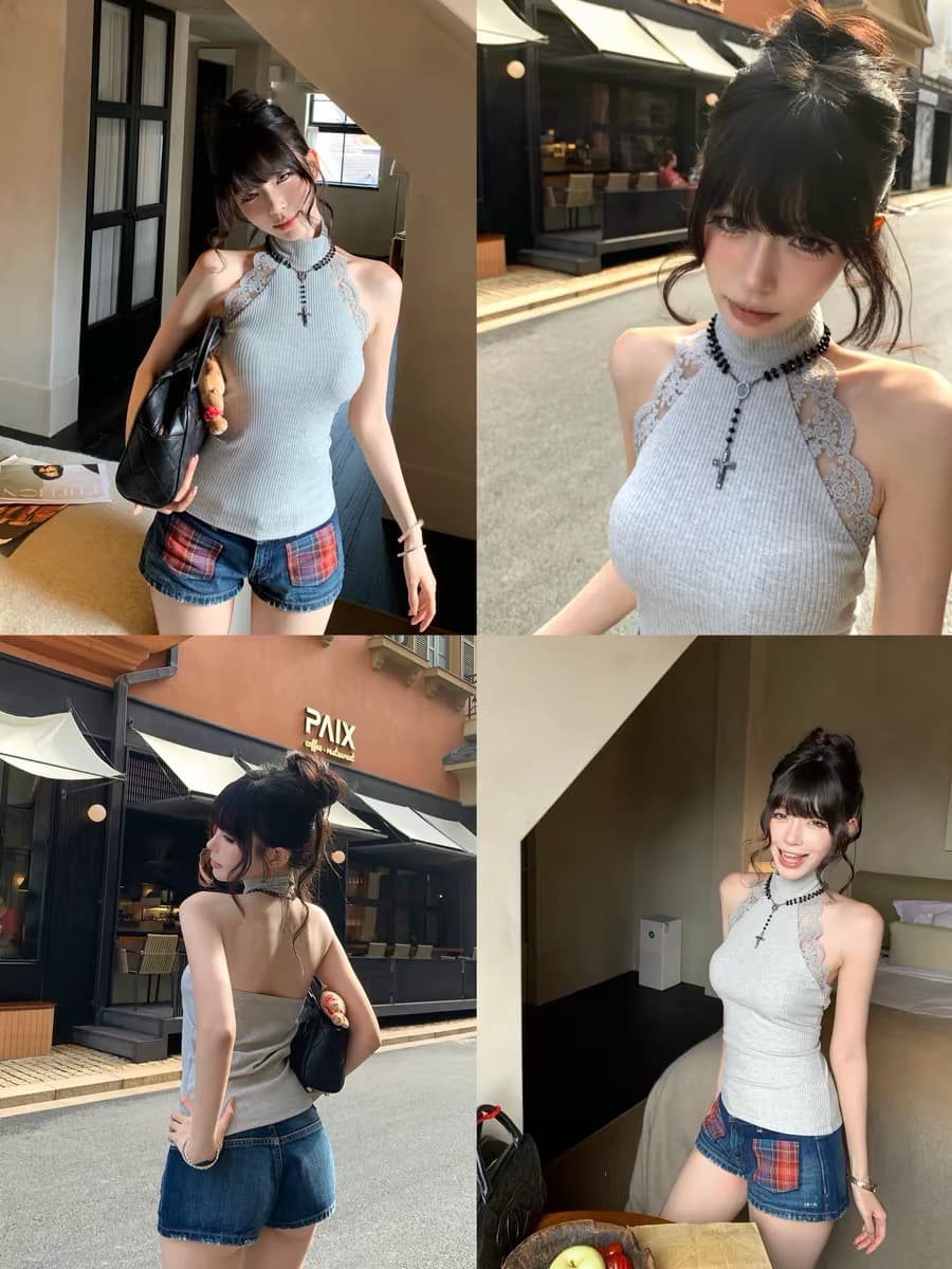 pinksoya 분말 콩 캐미솔 여름 외출용 디자인 센스 레이스 측면 리브 민소매 행침 목 맨위 상세 이미지 1
