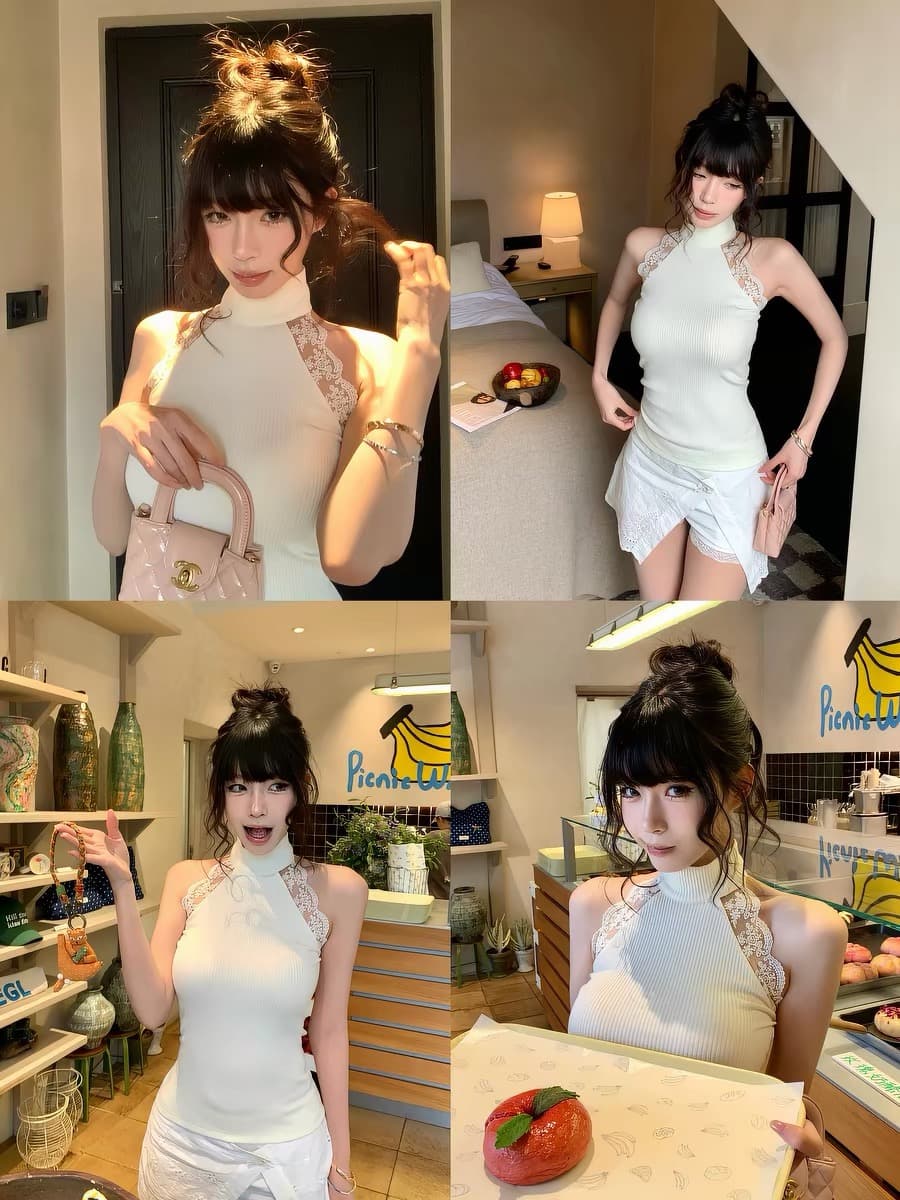 pinksoya 분말 콩 캐미솔 여름 외출용 디자인 센스 레이스 측면 리브 민소매 행침 목 맨위 상세 이미지 4