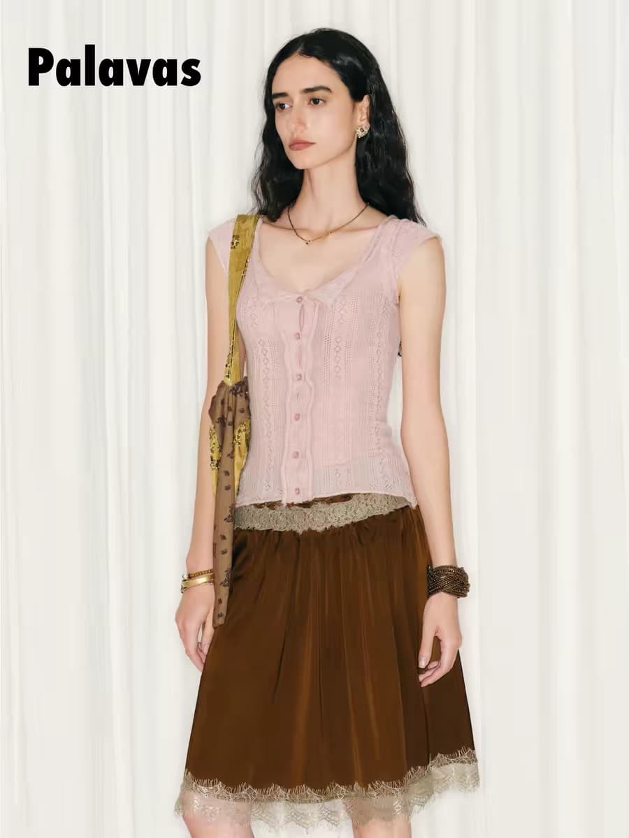 palavas26 봄 여름 시계 추 크 사이 Zhu 행사 보라색 같은 단락 소녀 기도하다 니트 맨위 홀로우 아웃 질감 몸매 가꾸기 여성 상세 이미지 1