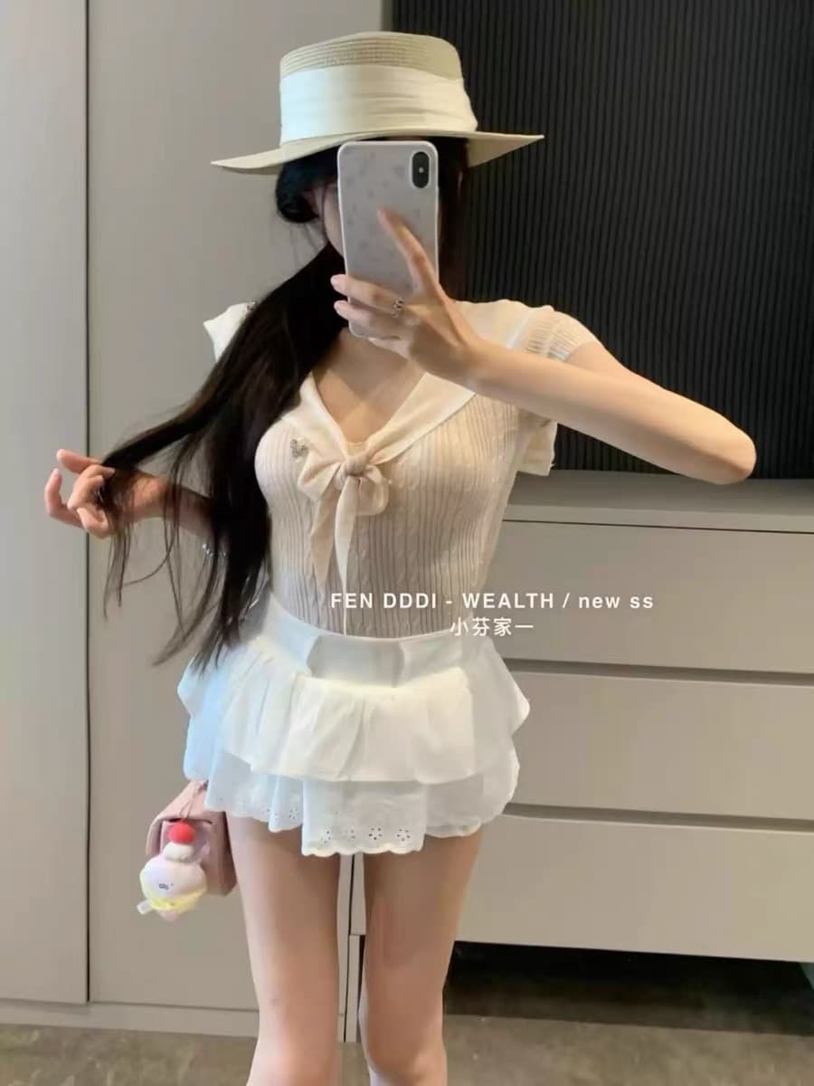 작은 펜 홈 fenddi2026 여름 새로운 품격 핫걸 순수한 욕망 해군 칼라 스트라이프 쇼트 스타일 꽈배기 니트 스웨터 여성 이미지 3
