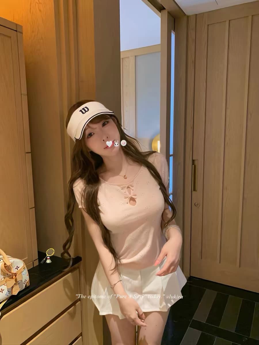 lukira 빛 연 여름 라운드 넥 나비 매듭 홀로우 아웃 자카드 니트 반팔 티셔츠 여성 여름 슬림해 보이는 맨위 상세 이미지 1