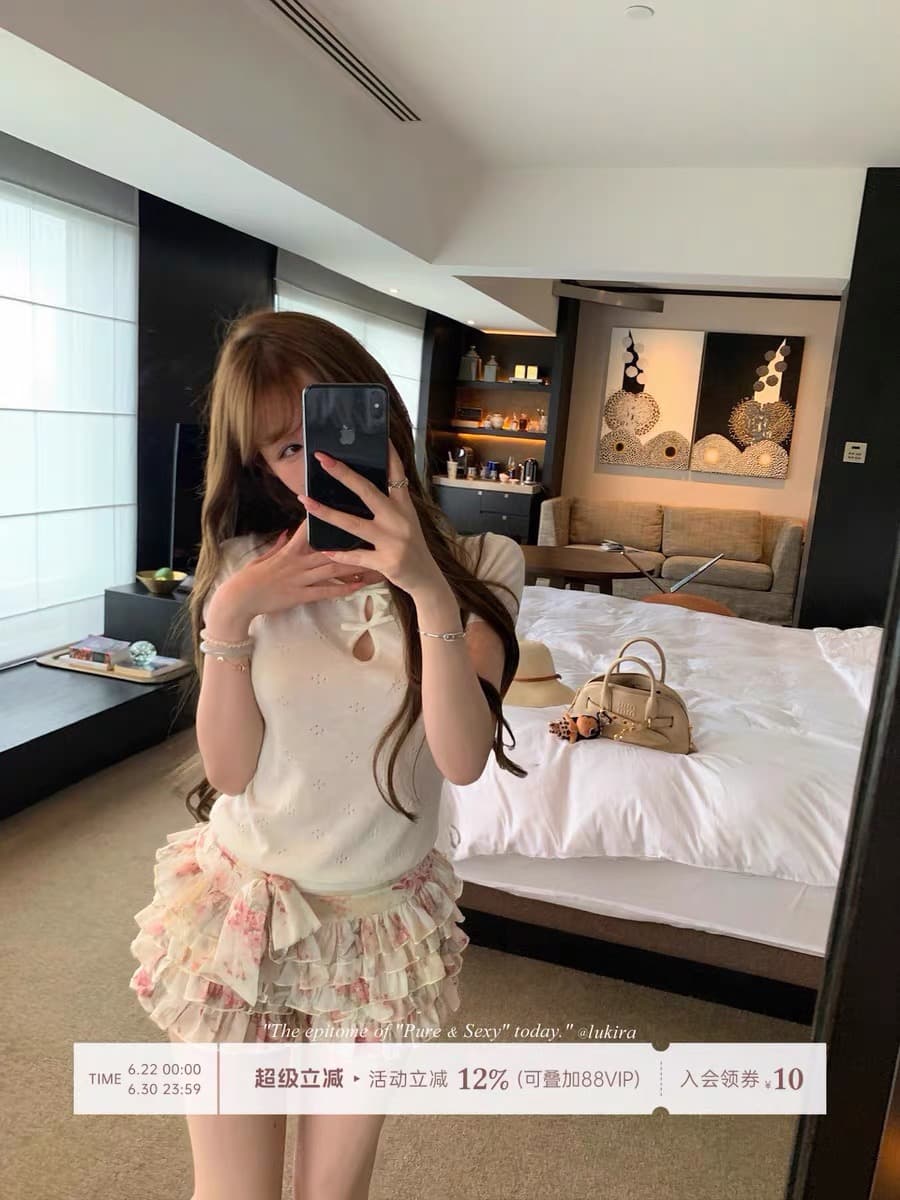 lukira 빛 연 여름 라운드 넥 나비 매듭 홀로우 아웃 자카드 니트 반팔 티셔츠 여성 여름 슬림해 보이는 맨위 상세 이미지 2