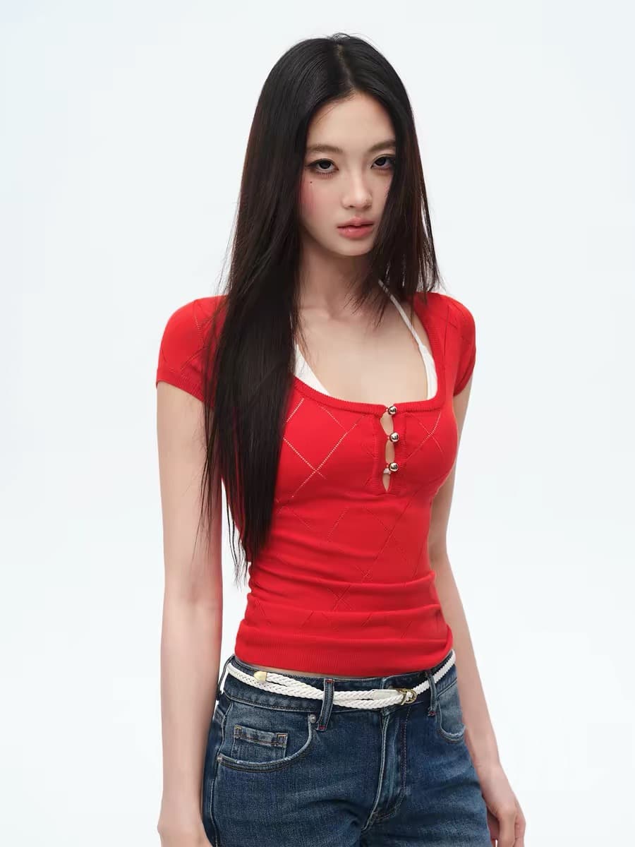 trendkill 오리지널 링 그리드 홀로우 아웃 디자인 센스 반팔 여성 여름 몸매 가꾸기 슬림해 보이는 u 칼라 삼색 니트 티셔츠 이미지 4