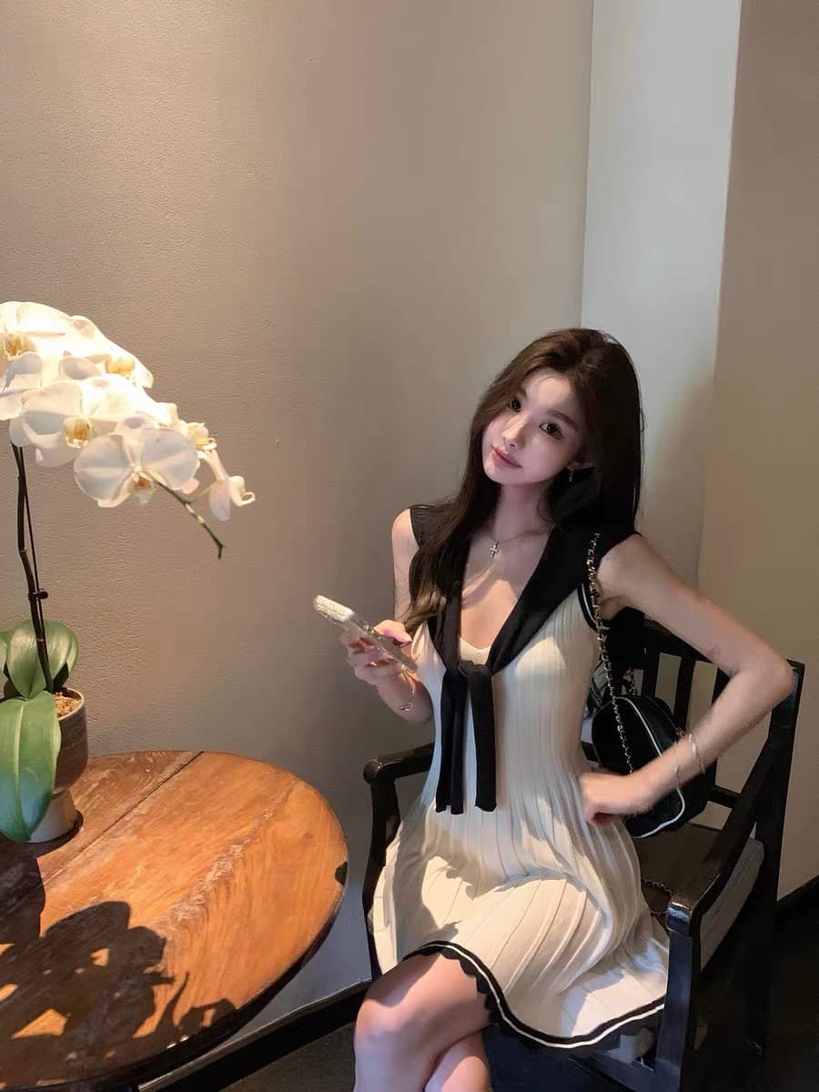 치우 고기 야오 miu 부서 사설 서비스 느슨함 한 부서 통기성 배색 숄 드레스 투피스 세트 여름 드레스 이미지 2