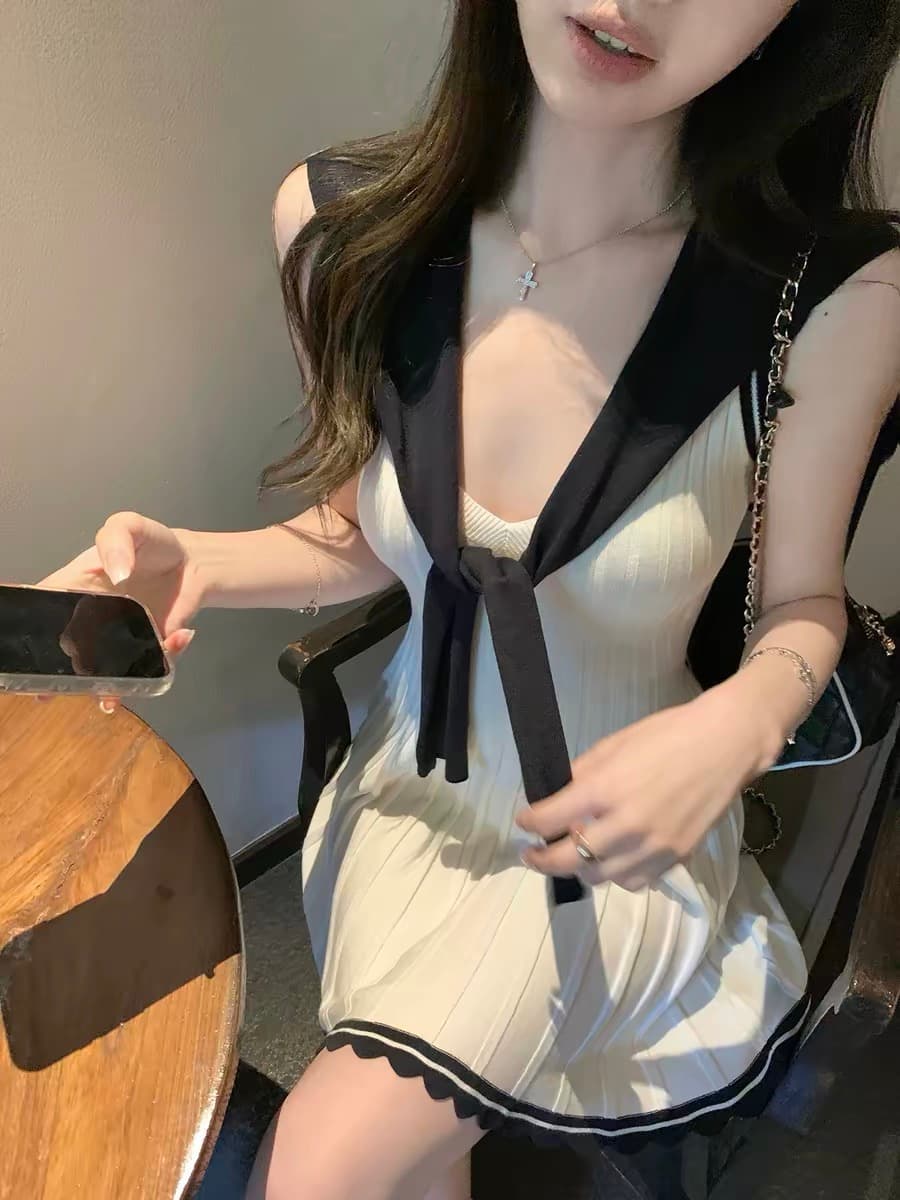 치우 고기 야오 miu 부서 사설 서비스 느슨함 한 부서 통기성 배색 숄 드레스 투피스 세트 여름 드레스 상세 이미지 5