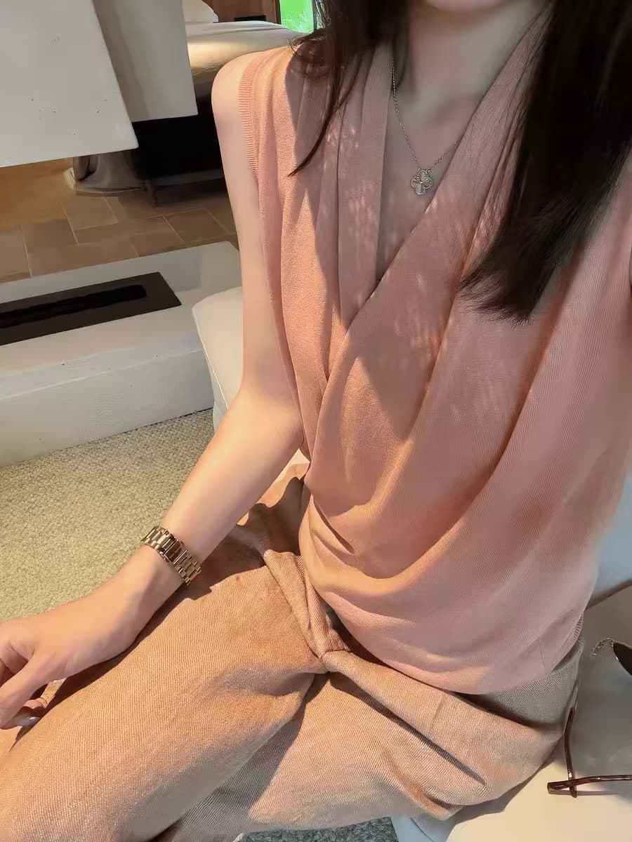 고급 센스 핑크색 십자가 V넥 조끼 조끼 여자 여름 새로운 얇고 가벼운 통기성 외출용 민소매 어깨 맨위 상세 이미지 1
