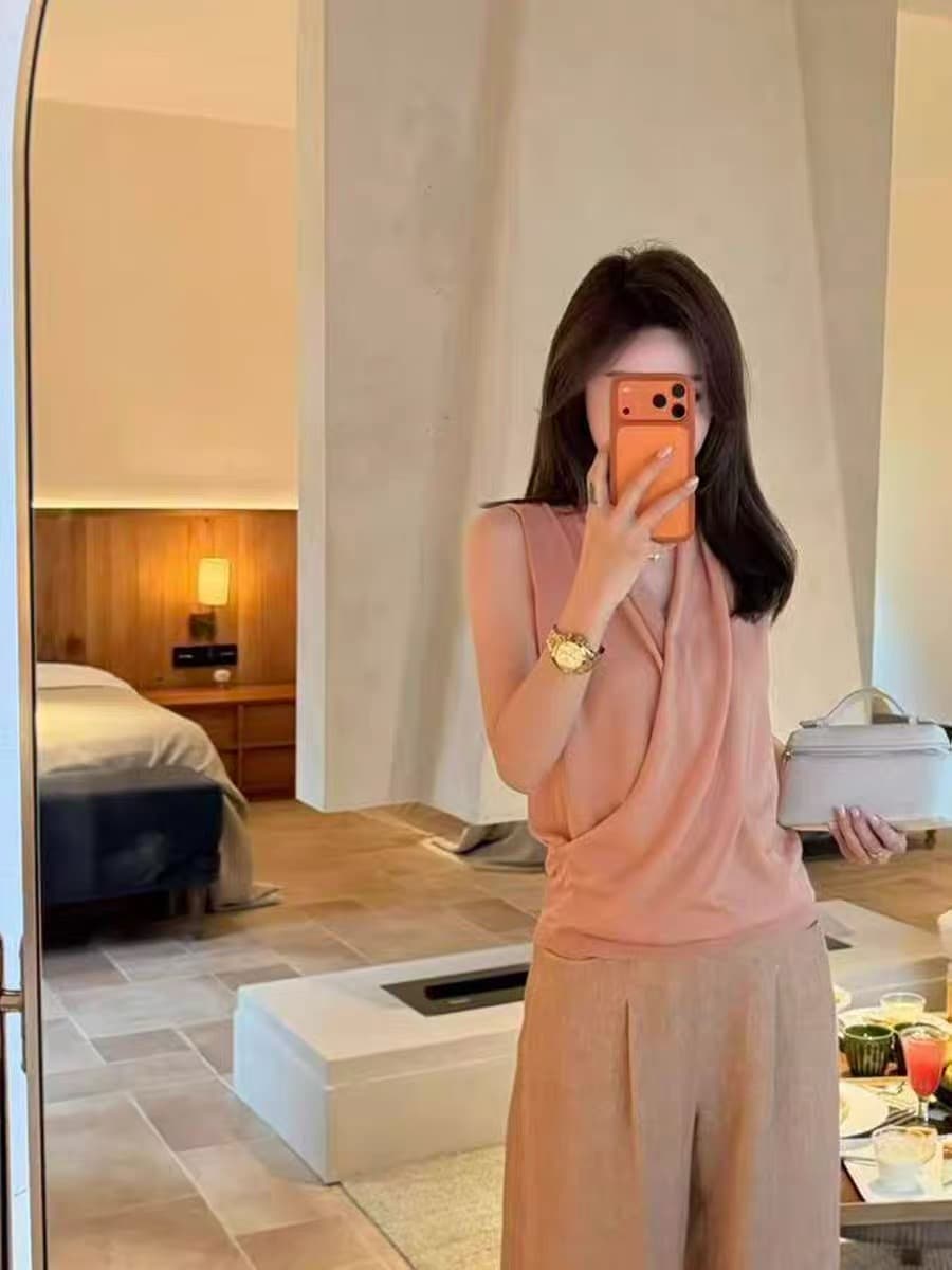 고급 센스 핑크색 십자가 V넥 조끼 조끼 여자 여름 새로운 얇고 가벼운 통기성 외출용 민소매 어깨 맨위 상세 이미지 3