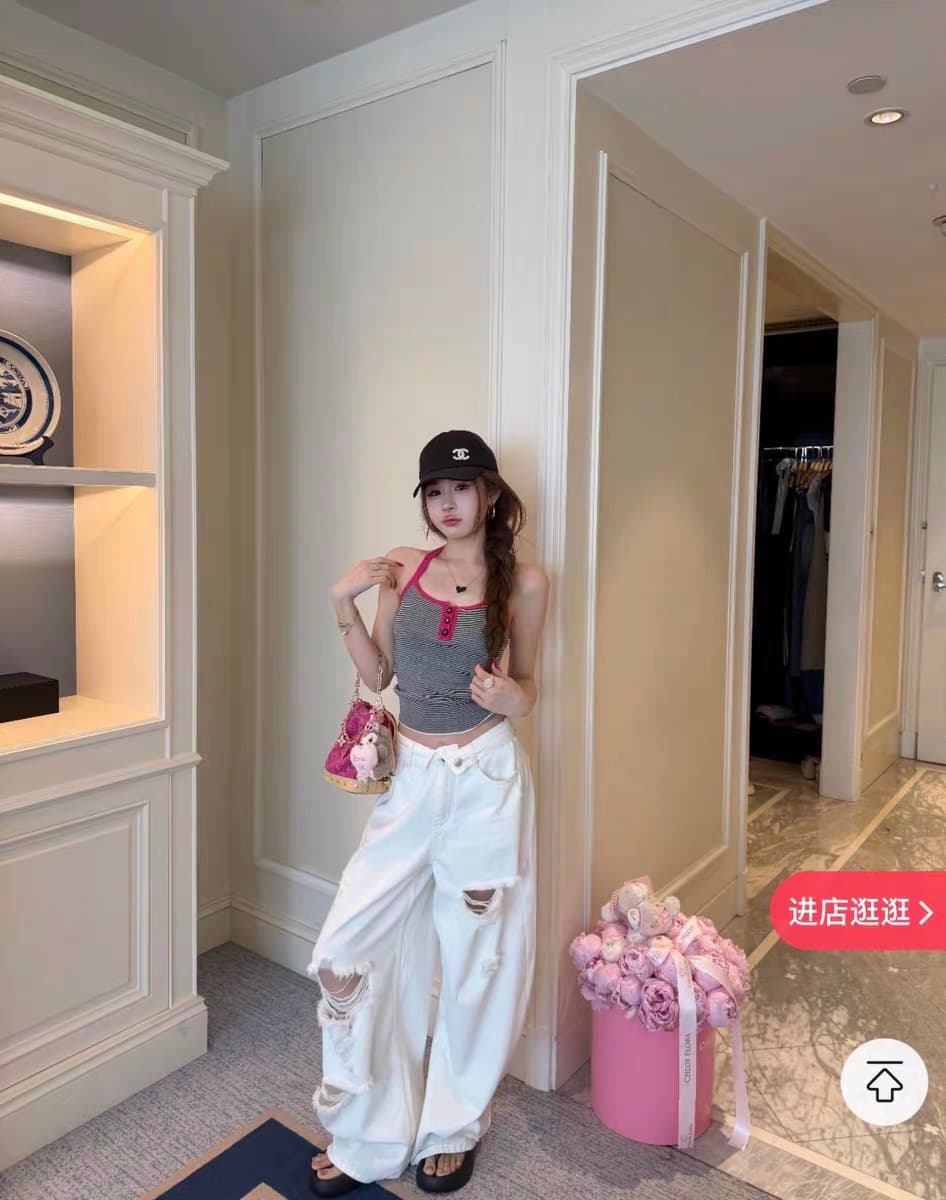9 월 홈 분말 블랙 동화 장미 베르 미첼 리 행침 목 얼음 실크 조끼 블랙 흰색 스트립 행침 목 얼음 실크 조끼 트렌디 ins 이미지 2