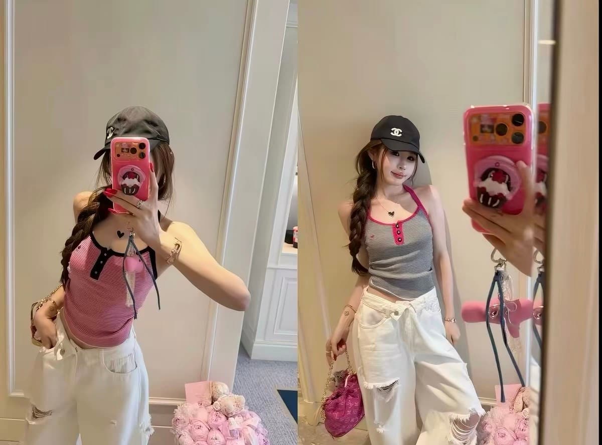 9 월 홈 분말 블랙 동화 장미 베르 미첼 리 행침 목 얼음 실크 조끼 블랙 흰색 스트립 행침 목 얼음 실크 조끼 트렌디 ins 상세 이미지 1