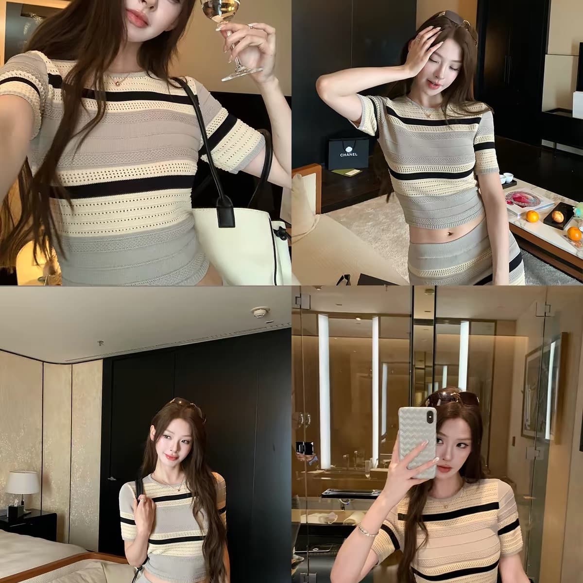 hamyiho 오래된 돈 바람 배색 스트라이프 니트 반팔 티셔츠 여성 여름 타이트 스커트 반신 미니 스커트 시간 아직도 느낌 투피스 세트 상세 이미지 4