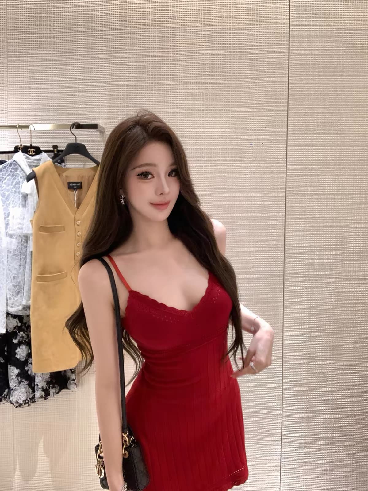 fbblimit 黛 웨스트 미스 순수한 욕망 분위기 몸매 가꾸기 쇼트 스타일 홀로우 아웃 자수 V넥 드레스 상세 이미지 3