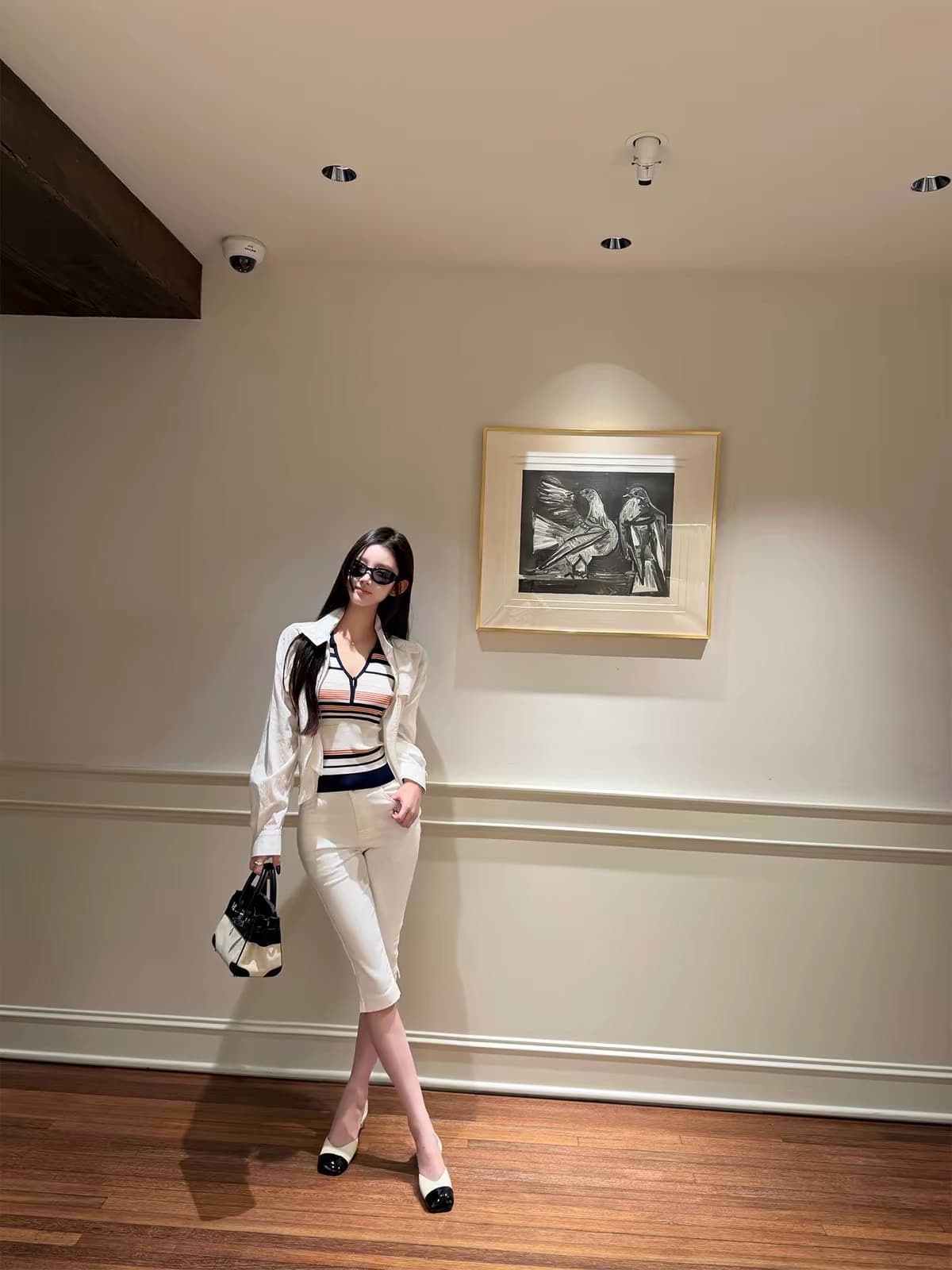 okmashop 오래된 돈 출퇴근 원단 단단한 실제로 질감 긍정적 인 어깨 중간 소매 배색 몸매 가꾸기 스트라이프 니트 스웨터 이미지 4