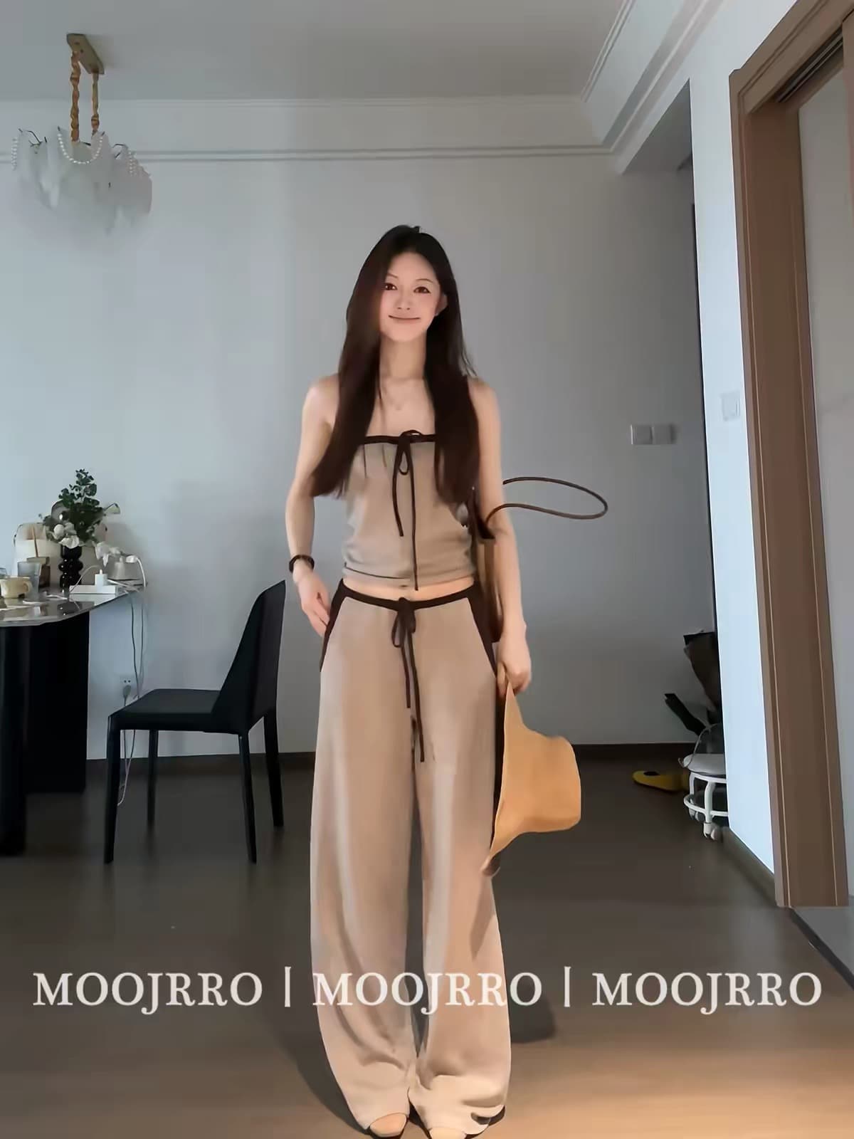 한 부서 느슨함 여름 착용 가져 가라. 세트 여성 느긋한 바람 튜브탑 맨위 작은 키 루즈핏 캐주얼 긴 바지 투피스 세트 상세 이미지 1