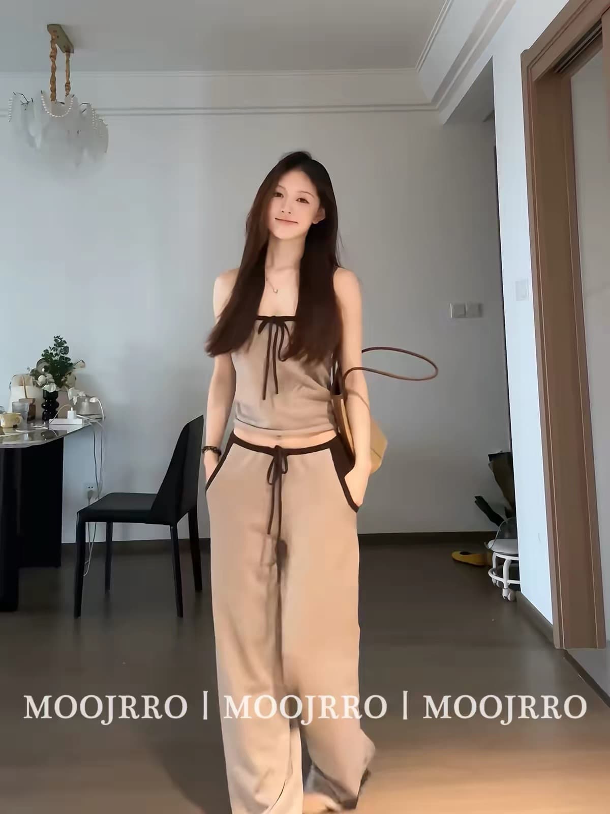 한 부서 느슨함 여름 착용 가져 가라. 세트 여성 느긋한 바람 튜브탑 맨위 작은 키 루즈핏 캐주얼 긴 바지 투피스 세트 상세 이미지 2