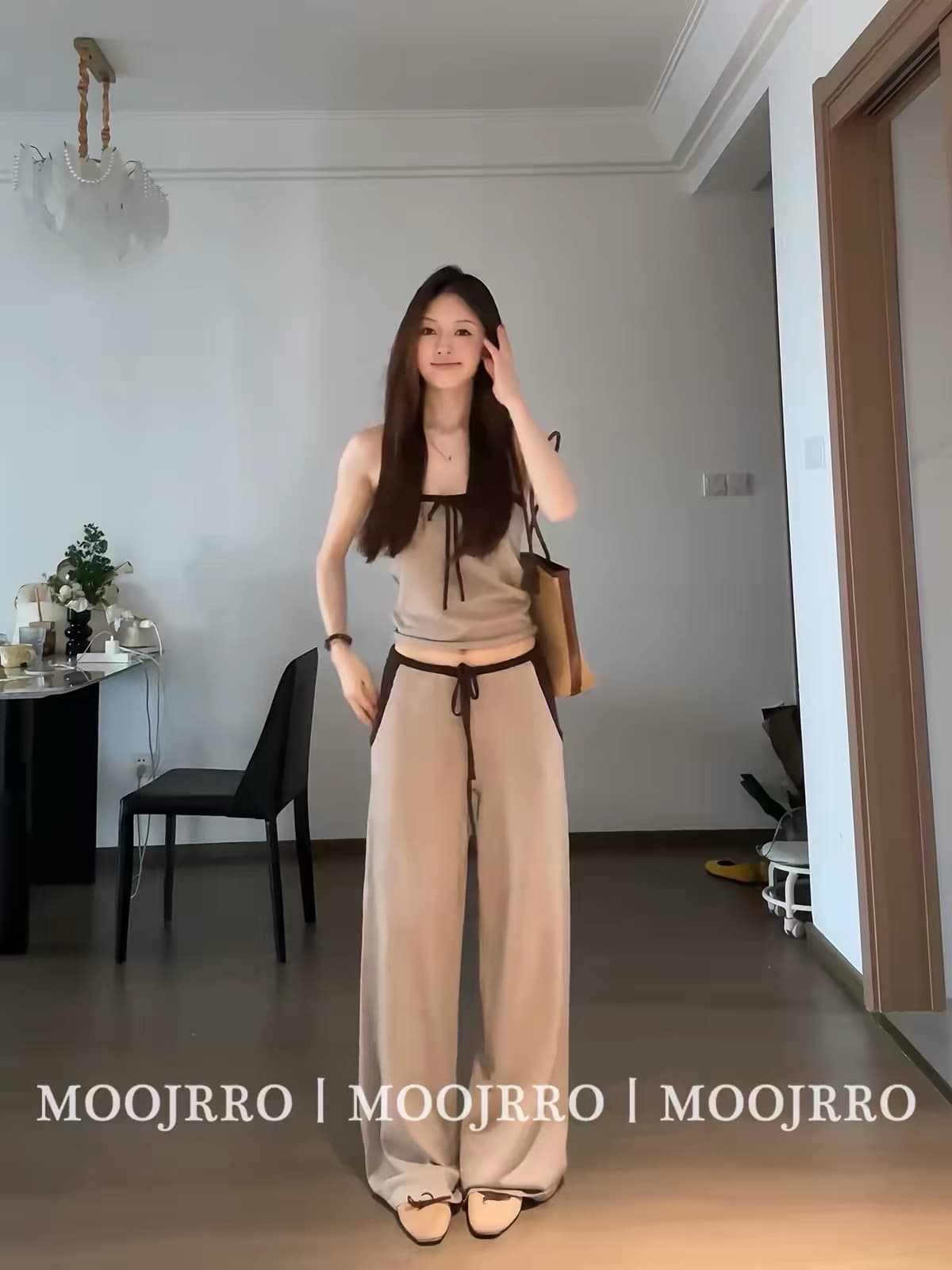 한 부서 느슨함 여름 착용 가져 가라. 세트 여성 느긋한 바람 튜브탑 맨위 작은 키 루즈핏 캐주얼 긴 바지 투피스 세트 상세 이미지 4