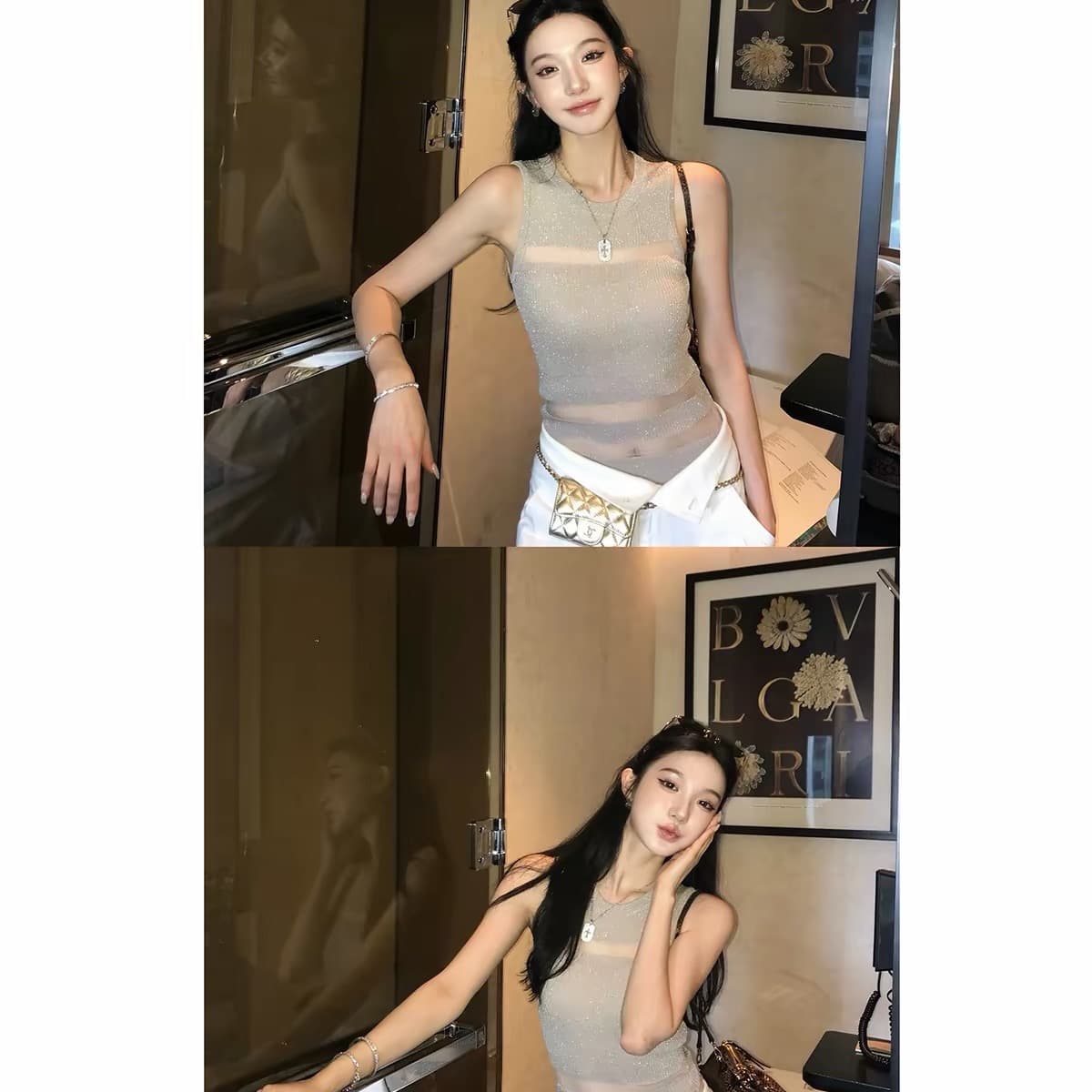 지구 Ouyang 부드러운 빛 판금 보존 섹션 엷 은 안개 마이크로 ~을 통해 빛 럭셔리 질감 좋은 플래시 니트 분할 홀로우 아웃 조끼 상세 이미지 4