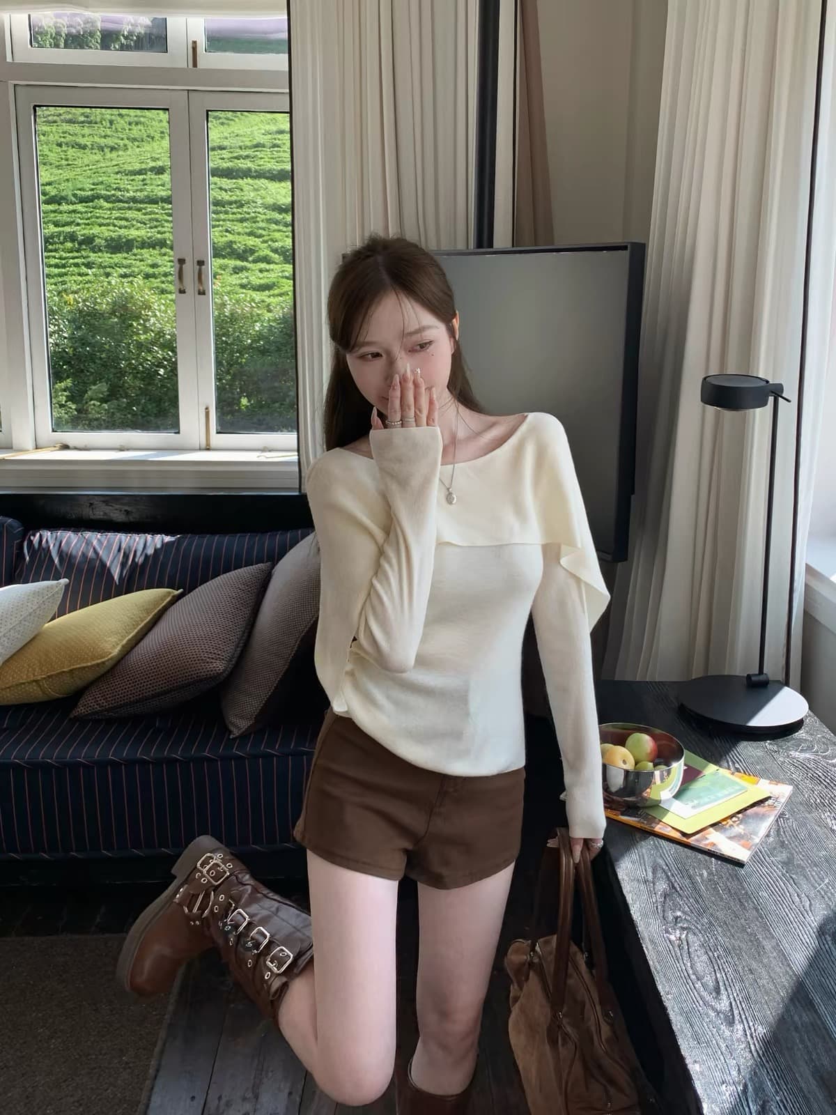 스와 3 3 니트 스웨터 2026 년 가을 한 부서 작은 대중 스웨터 비스듬한 칼라 허리 수축 다용도 캐주얼 여자 맨위 상세 이미지 5