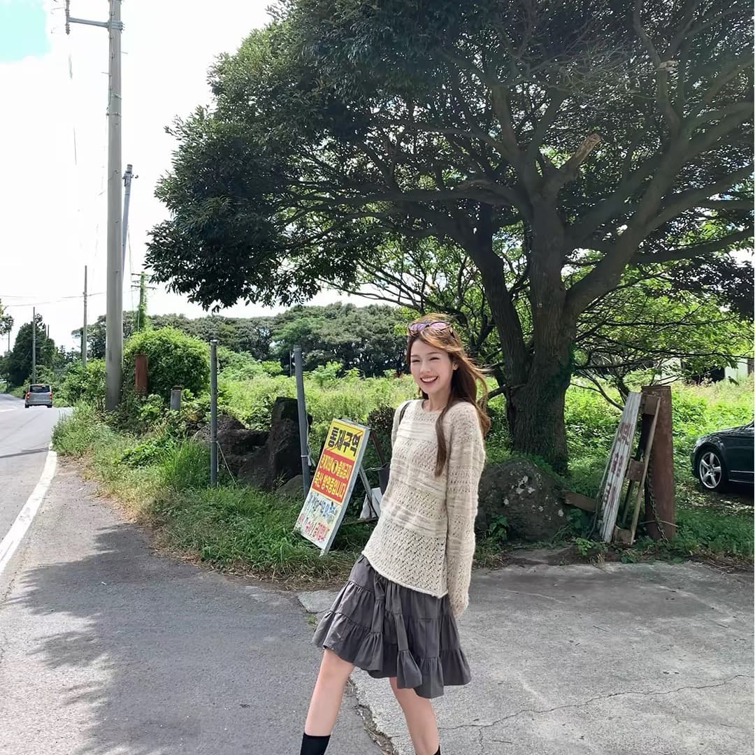 im ~까지 서리 와일드 알고있다. 가을 모헤어 부드러운 바람 홀로우 아웃 자수 니트 블라우스 루즈핏 라운드 넥 느긋한 스웨터 이미지 5