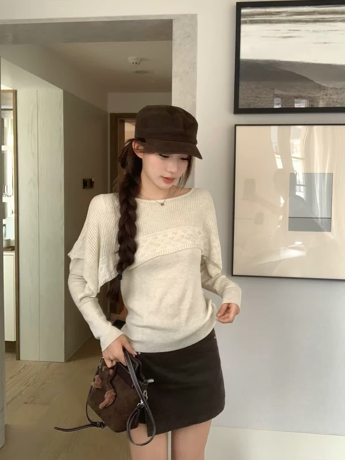 송 긍정적 인 En 페이크 레이어드 숄 니트 긴 소매 티셔츠 여자 이른 가을 착용 가져 가라. ins 한 스타일 디자인 센스 몸매 가꾸기 맨위 상세 이미지 1