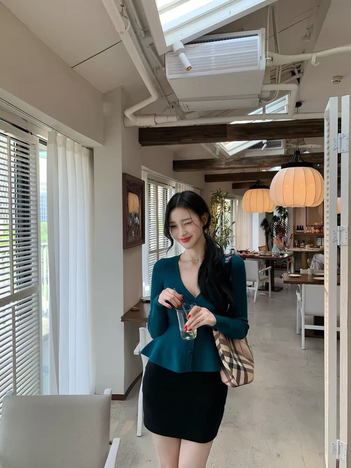 farte shop 블루스 플로팅 라이트 푸른 녹색 깊은 v 긴팔 진자 털 짠 셔츠 여성 봄 가을 허리 수축 맨위