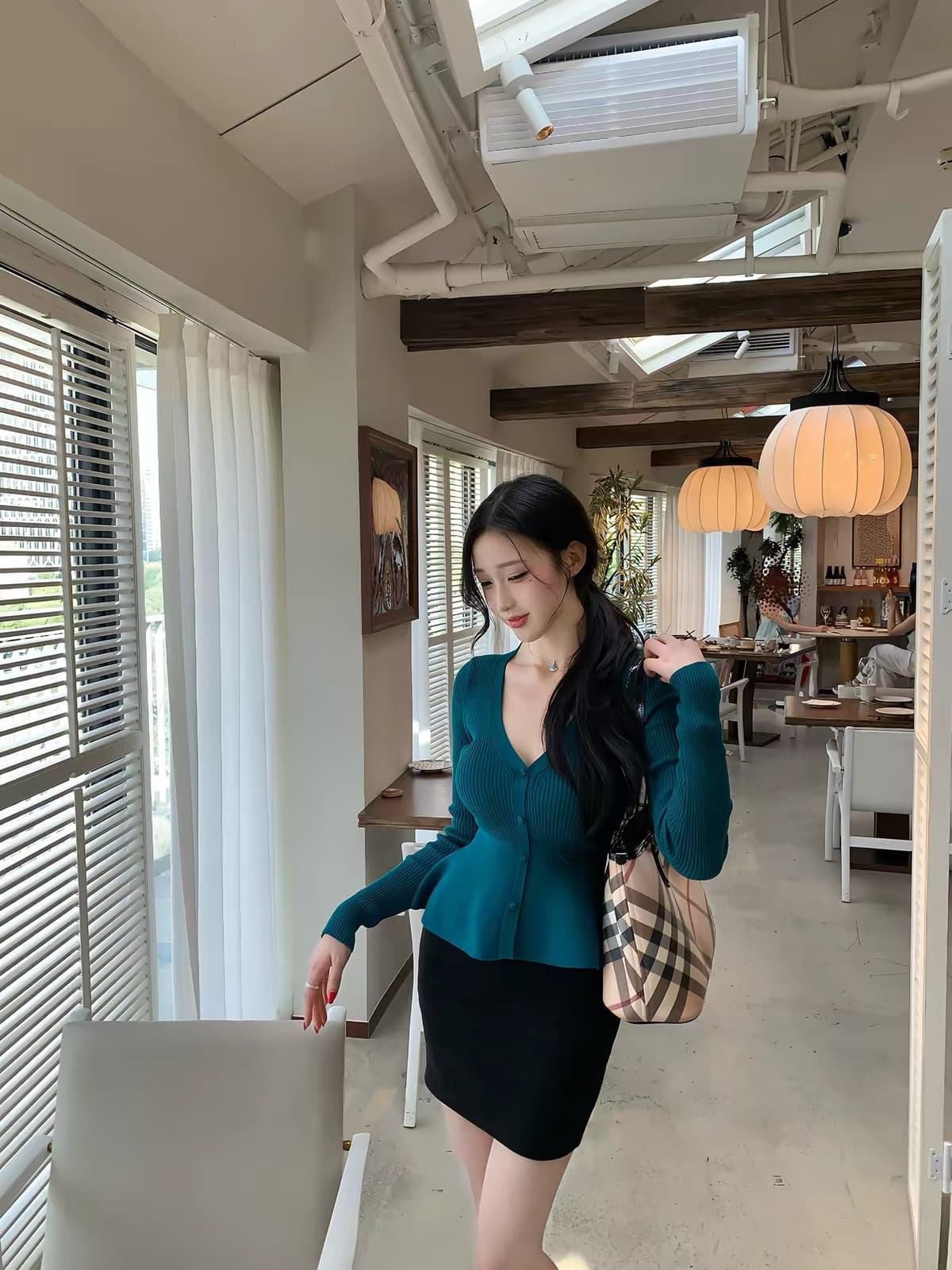 farte shop 블루스 플로팅 라이트 푸른 녹색 깊은 v 긴팔 진자 털 짠 셔츠 여성 봄 가을 허리 수축 맨위 상세 이미지 3