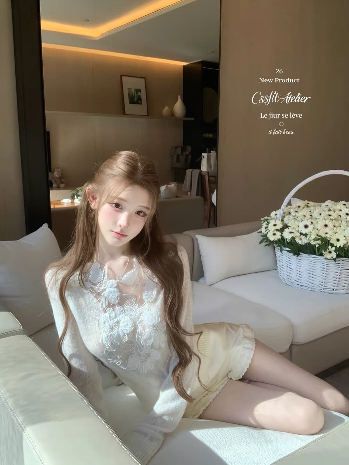늦게 우산 우산 26 ss 복잡한 그것 아름다움 es 레이스 왕 자수 니트 스웨터 블루 화이트 둘 색상 입력 꽃 맨위 상세 이미지 2