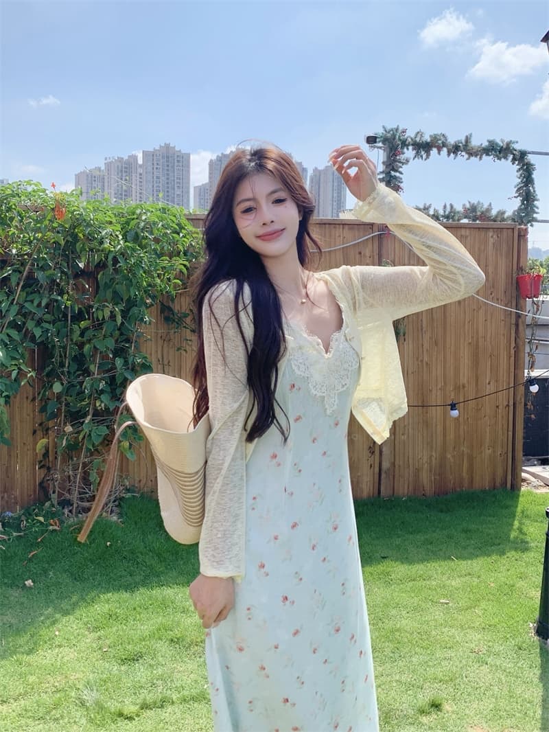 실사 빅 사이즈 지방 mm 레이스 슬립 드레스 배 모양 몸 꽃무늬 치마 표지 배 슬림해 보이는 치마 세트