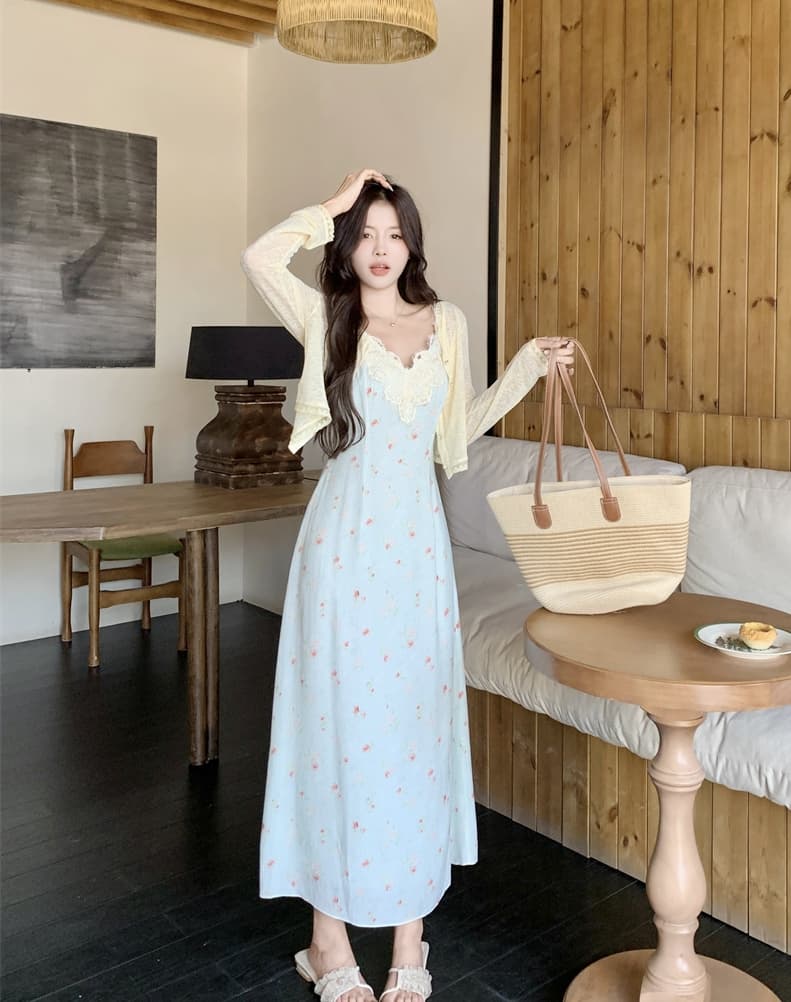 실사 빅 사이즈 지방 mm 레이스 슬립 드레스 배 모양 몸 꽃무늬 치마 표지 배 슬림해 보이는 치마 세트 이미지 4