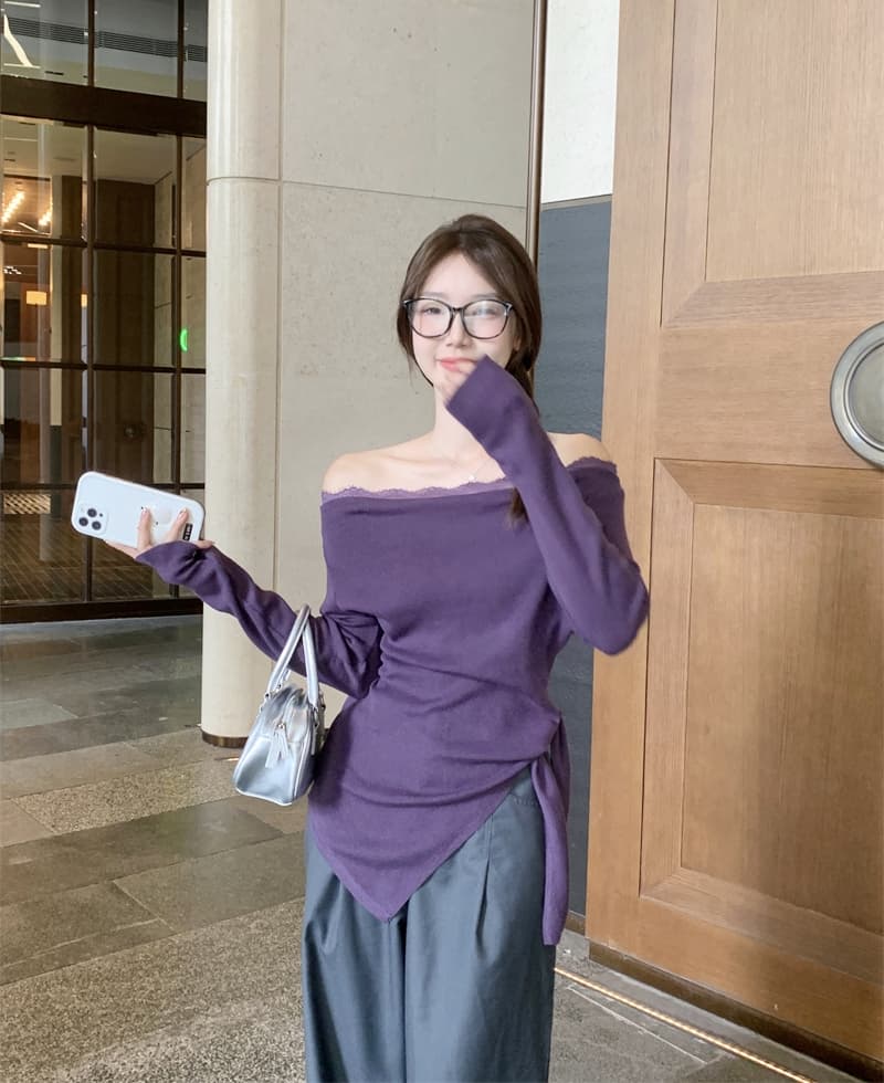 실사 빅 사이즈 지방 mm 보라색 허리 수축 불규칙 긴팔 보트넥 오프숄더 프랑스식 몸매 가꾸기 달콤한 매운맛 맨위 이미지 2